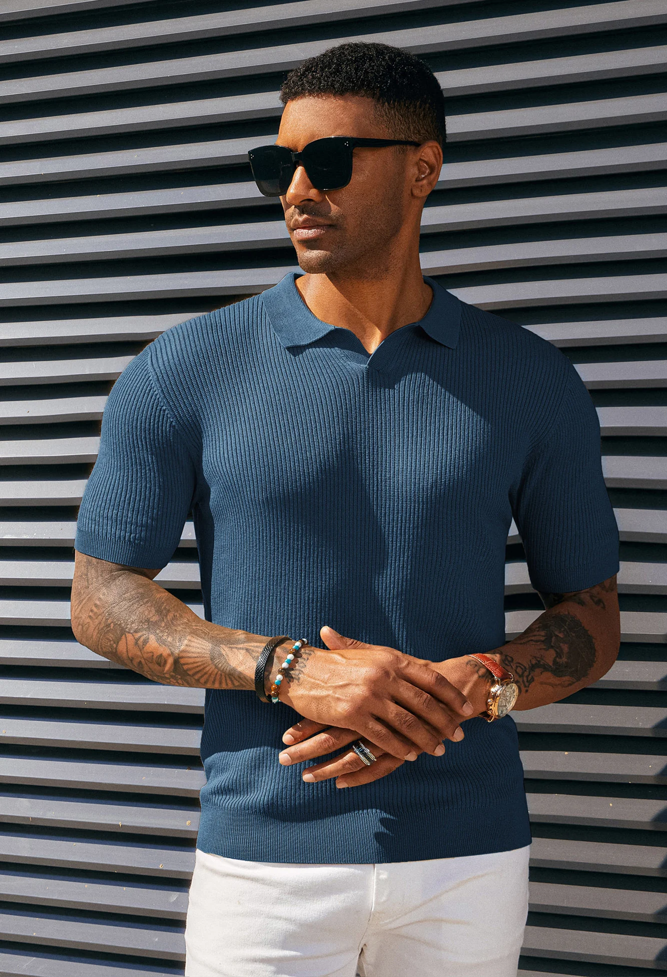 Men's Polo Shirt Ribbed Textured V Neck Knit Polo Shirts - Image 10