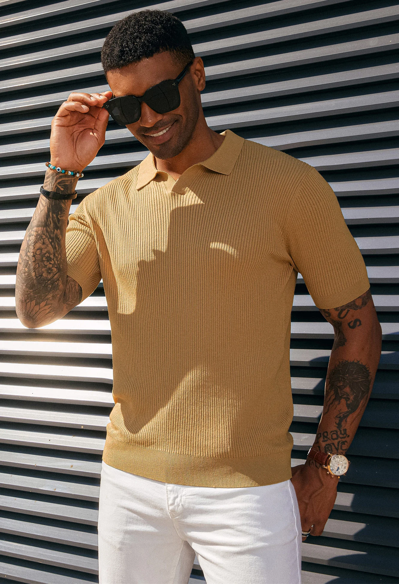 Men's Polo Shirt Ribbed Textured V Neck Knit Polo Shirts - Image 14