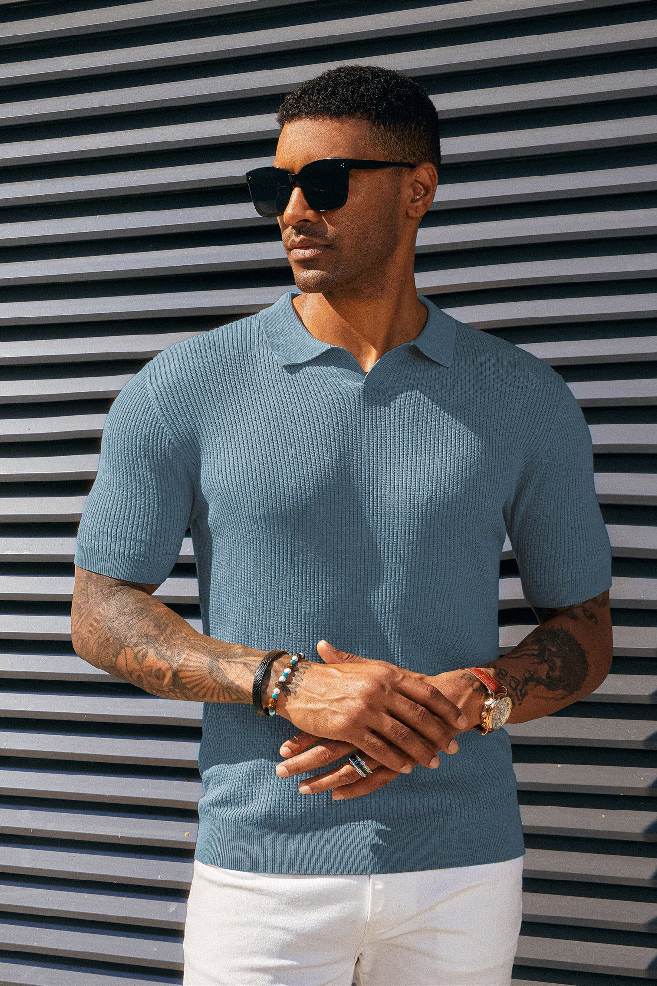 Men's Polo Shirt Ribbed Textured V Neck Knit Polo Shirts - Image 24