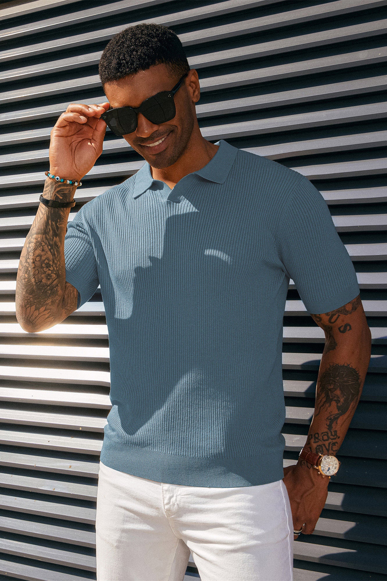 Men's Polo Shirt Ribbed Textured V Neck Knit Polo Shirts - Image 27