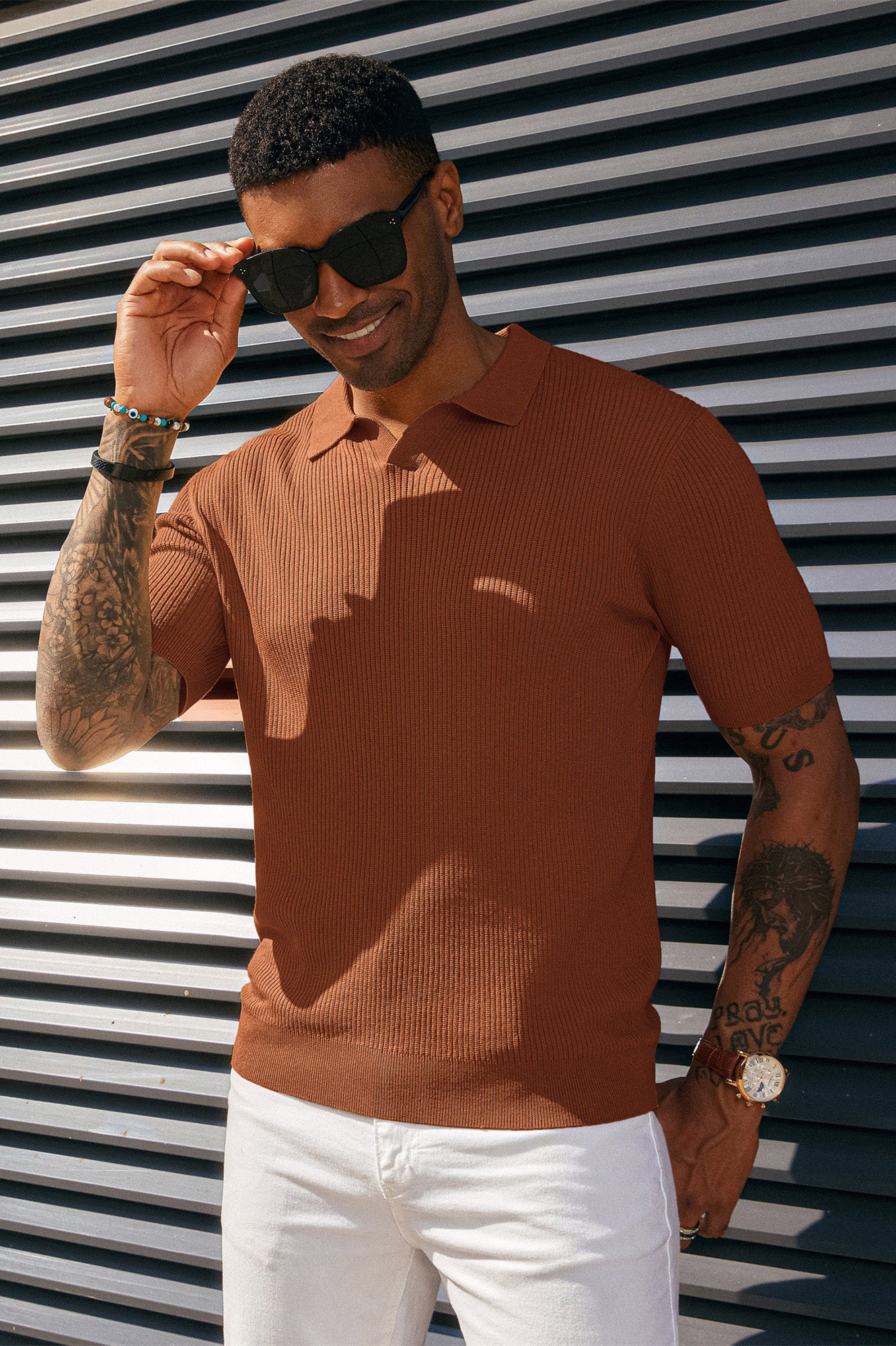 Men's Polo Shirt Ribbed Textured V Neck Knit Polo Shirts - Image 29