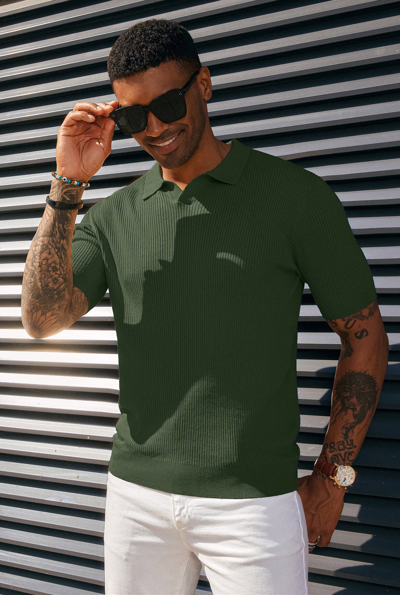 Men's Polo Shirt Ribbed Textured V Neck Knit Polo Shirts - Image 34