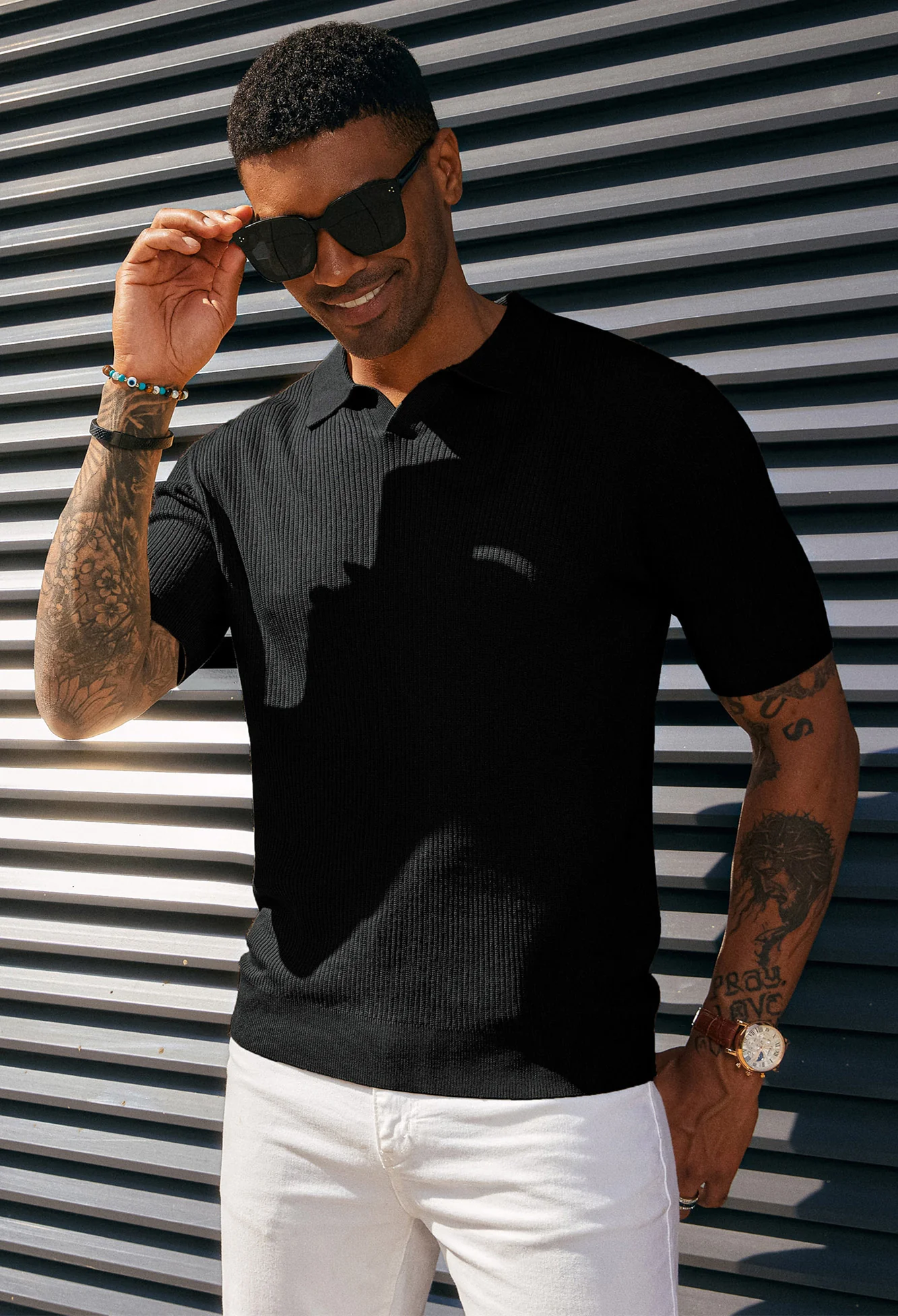 Men's Polo Shirt Ribbed Textured V Neck Knit Polo Shirts - Image 4