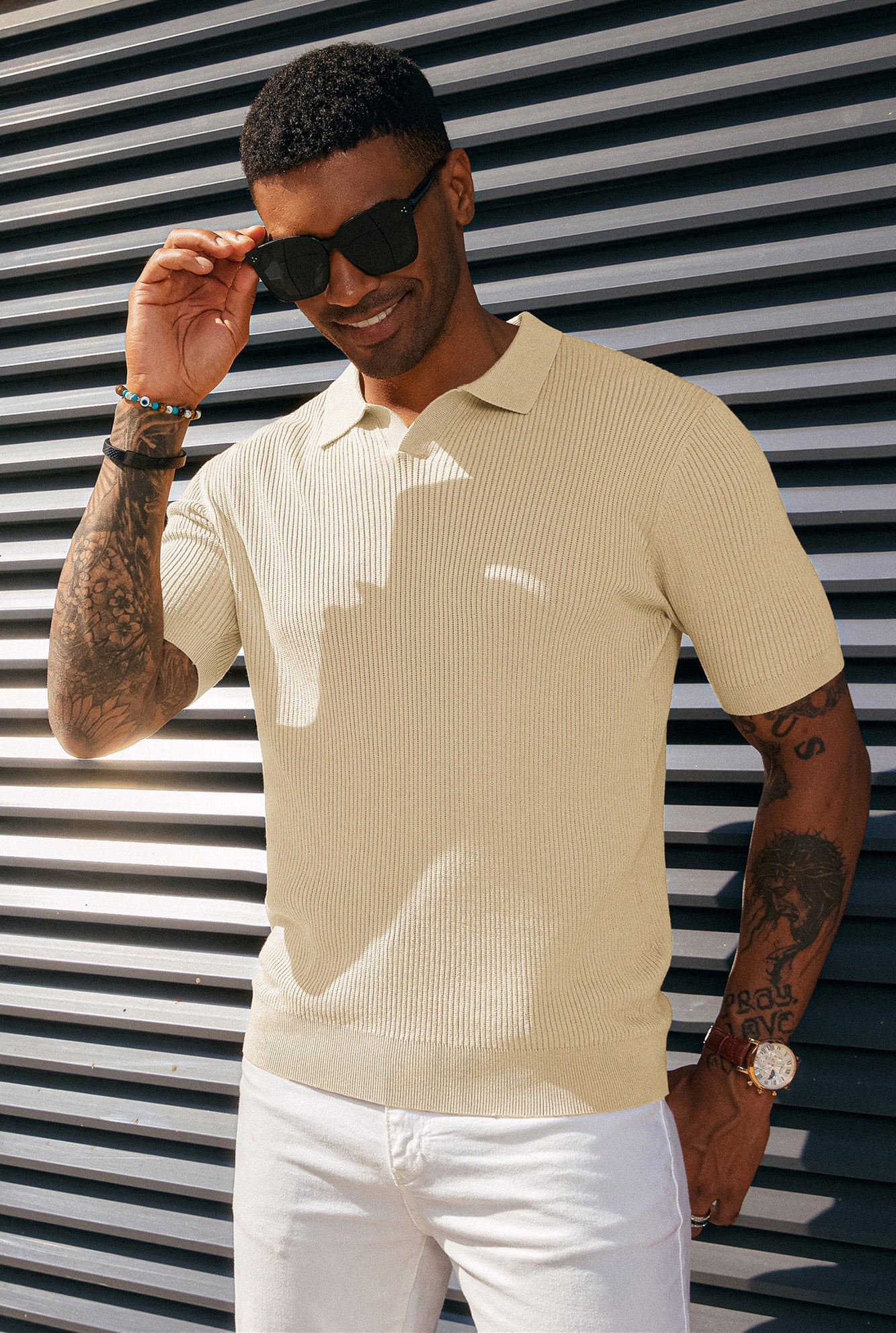 Men's Polo Shirt Ribbed Textured V Neck Knit Polo Shirts - Image 49