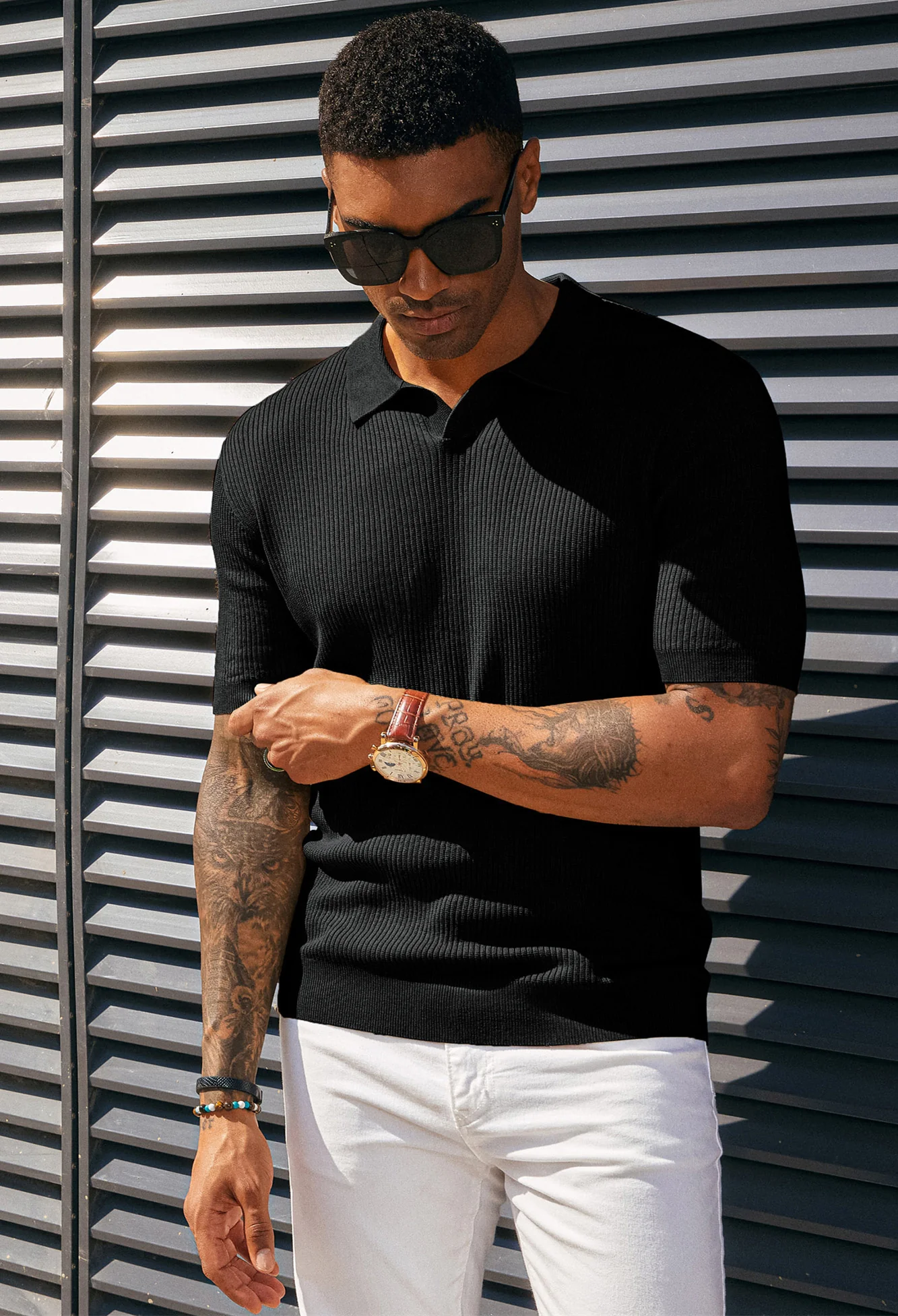 Men's Polo Shirt Ribbed Textured V Neck Knit Polo Shirts - Image 5