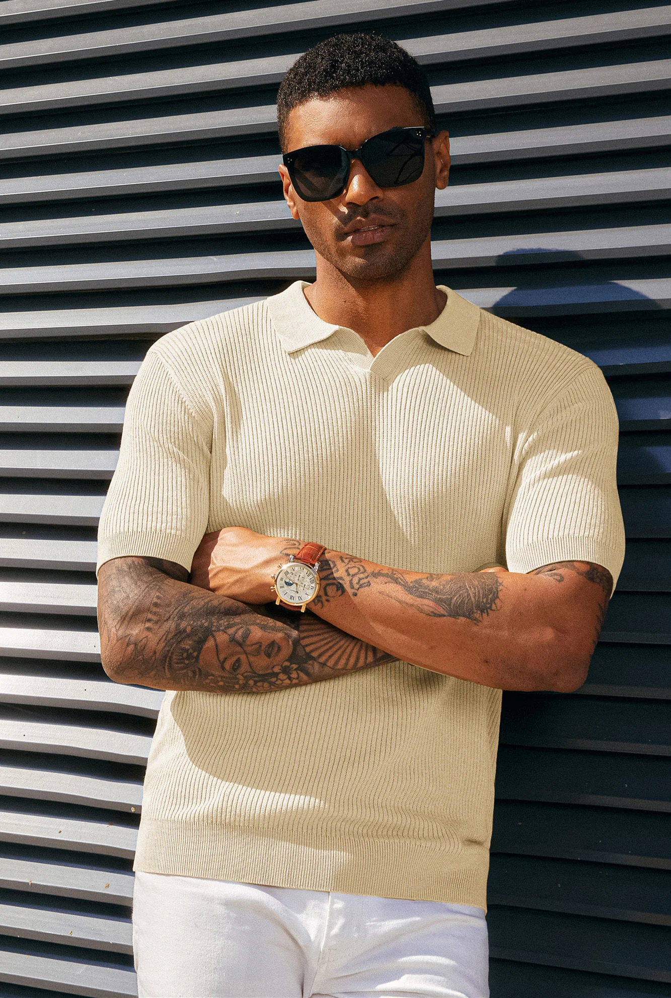 Men's Polo Shirt Ribbed Textured V Neck Knit Polo Shirts - Image 52