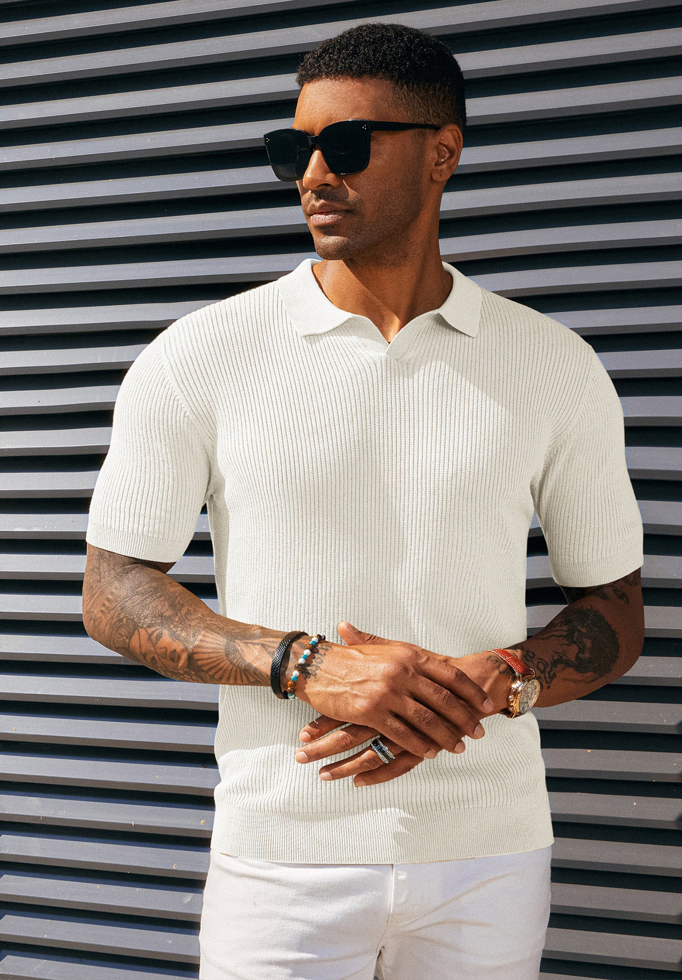 Men's Polo Shirt Ribbed Textured V Neck Knit Polo Shirts - Image 55