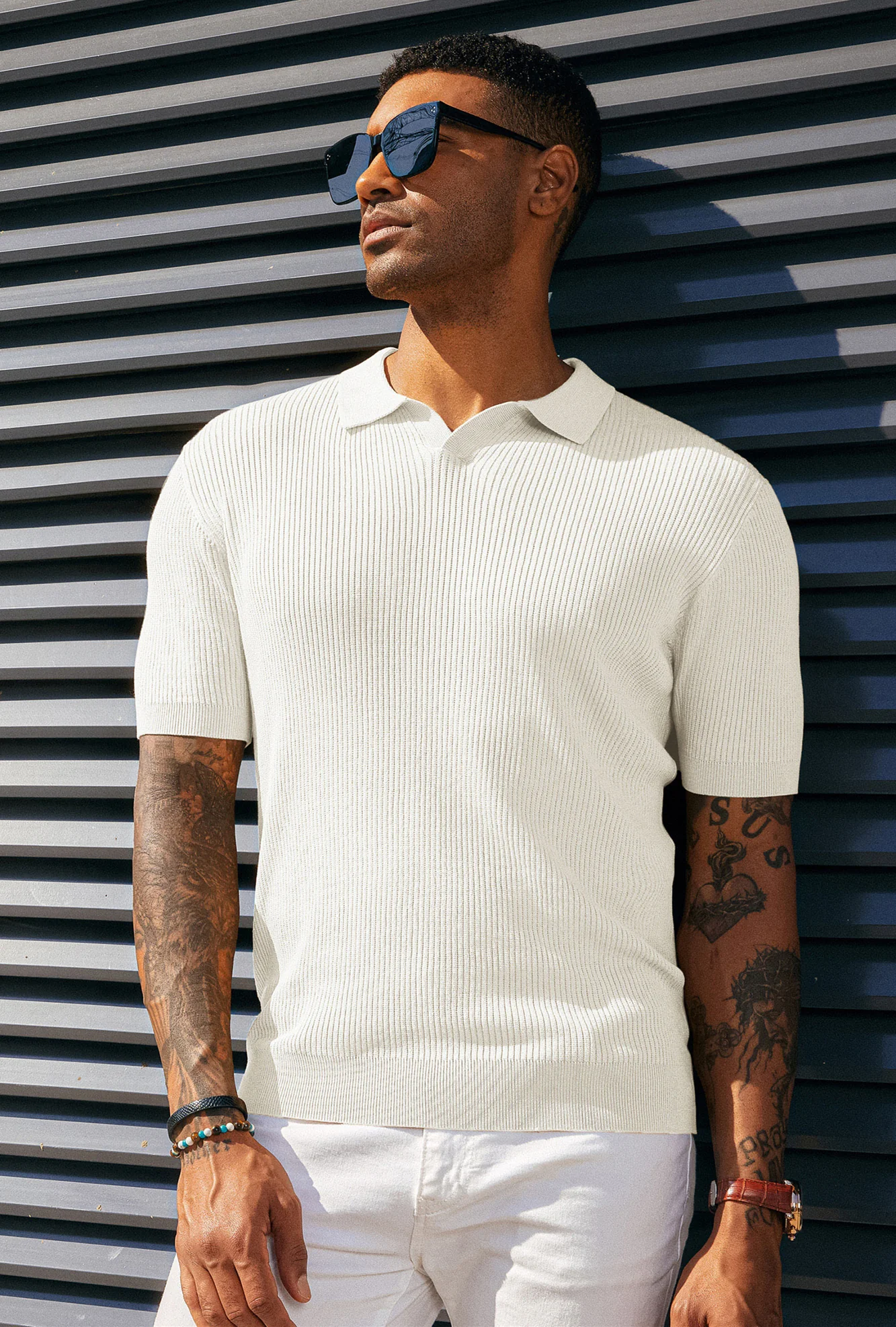 Men's Polo Shirt Ribbed Textured V Neck Knit Polo Shirts - Image 57