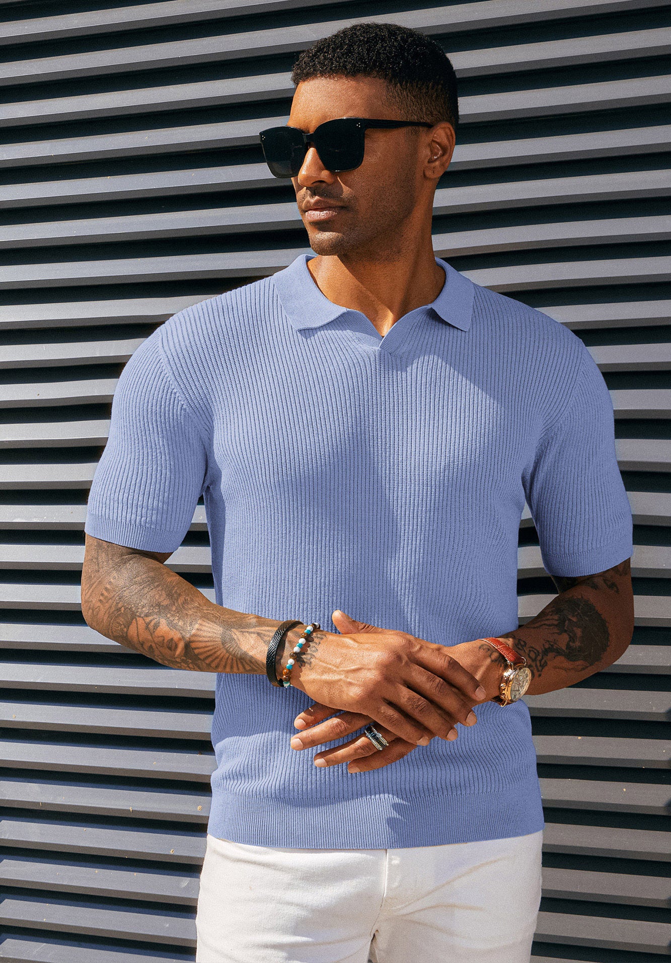 Men's Polo Shirt Ribbed Textured V Neck Knit Polo Shirts - Image 60