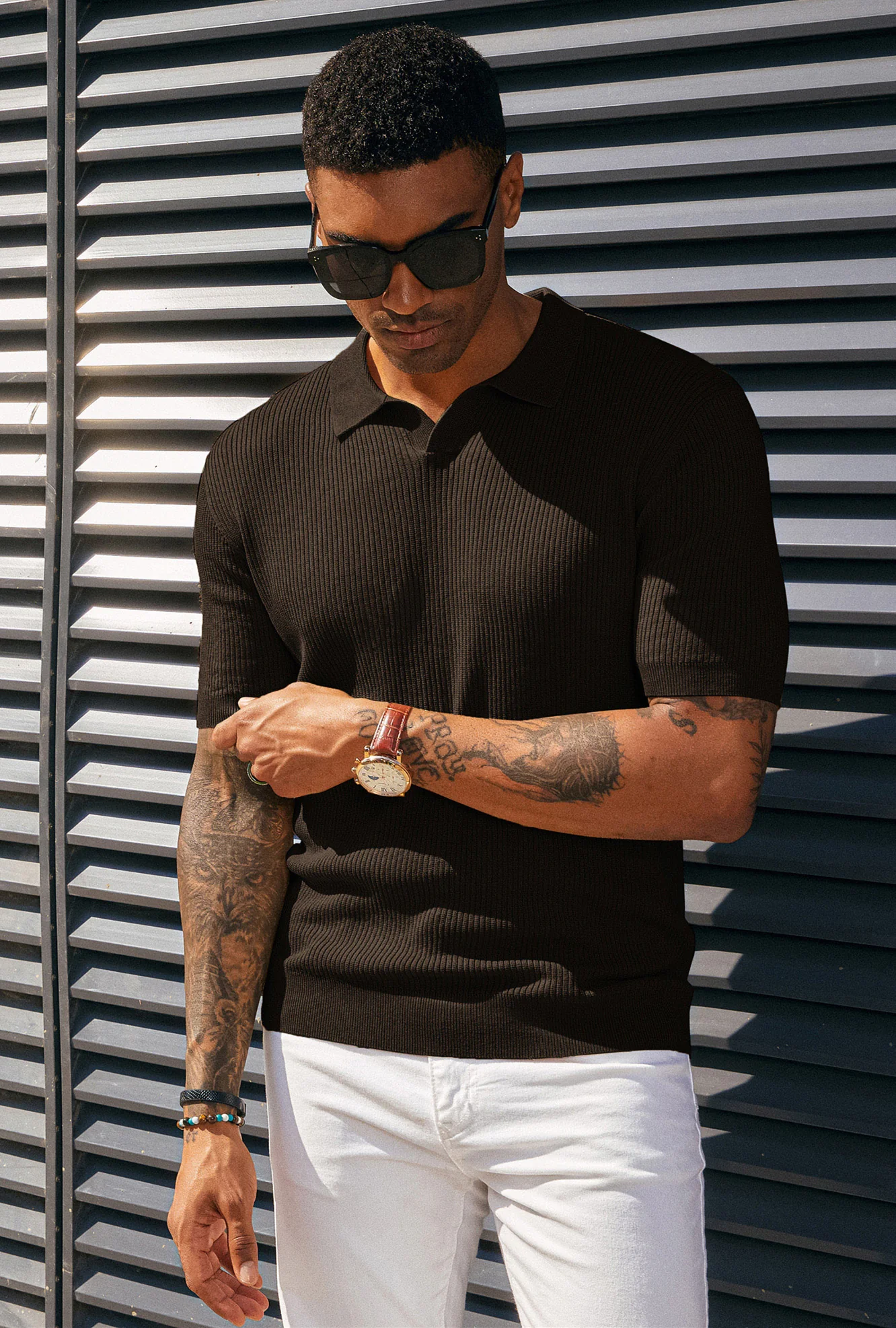Men's Polo Shirt Ribbed Textured V Neck Knit Polo Shirts - Image 69