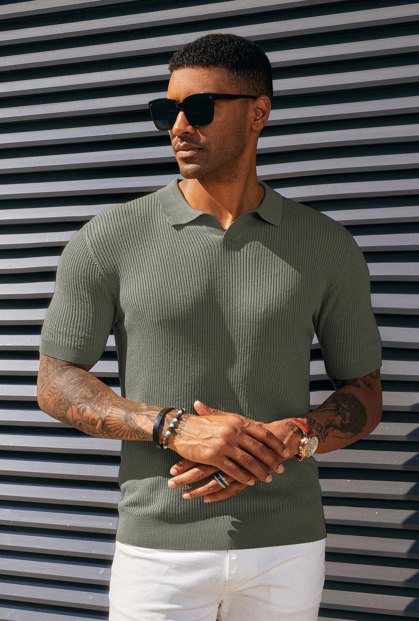Men's Polo Shirt Ribbed Textured V Neck Knit Polo Shirts - Image 73