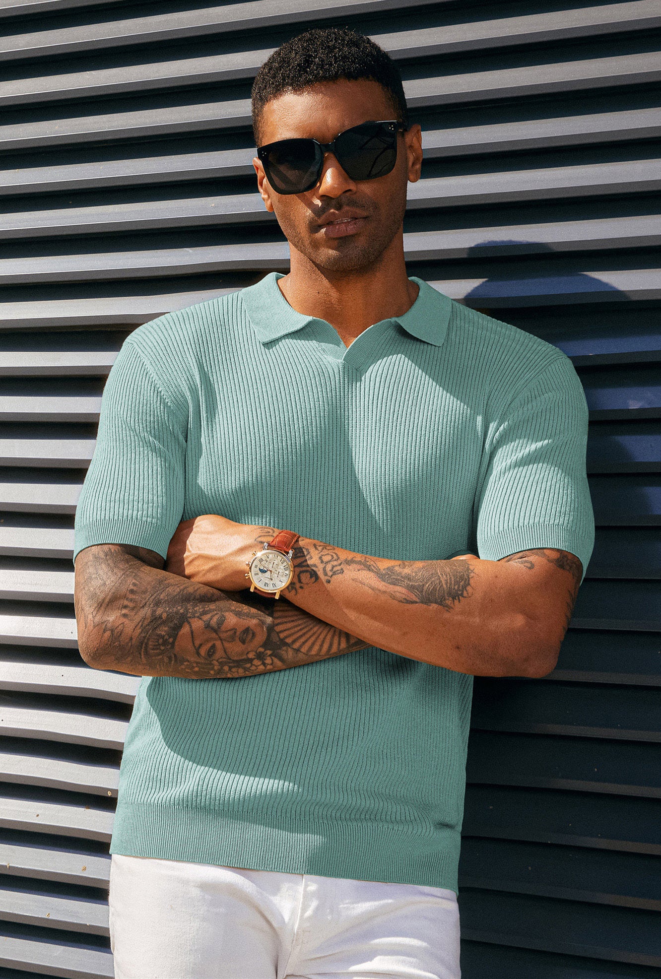 Men's Polo Shirt Ribbed Textured V Neck Knit Polo Shirts - Image 82