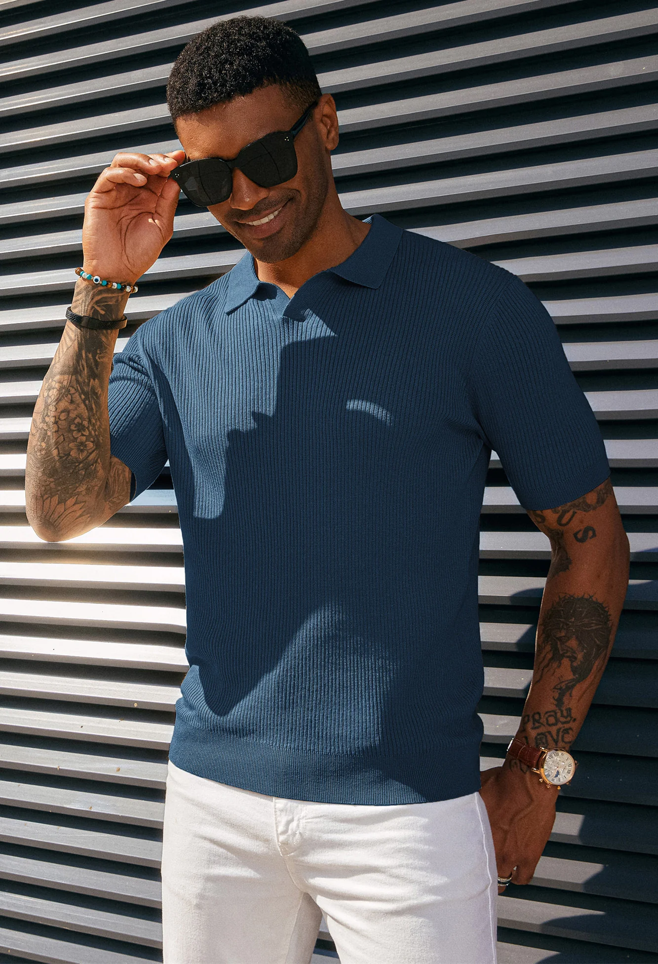 Men's Polo Shirt Ribbed Textured V Neck Knit Polo Shirts - Image 9