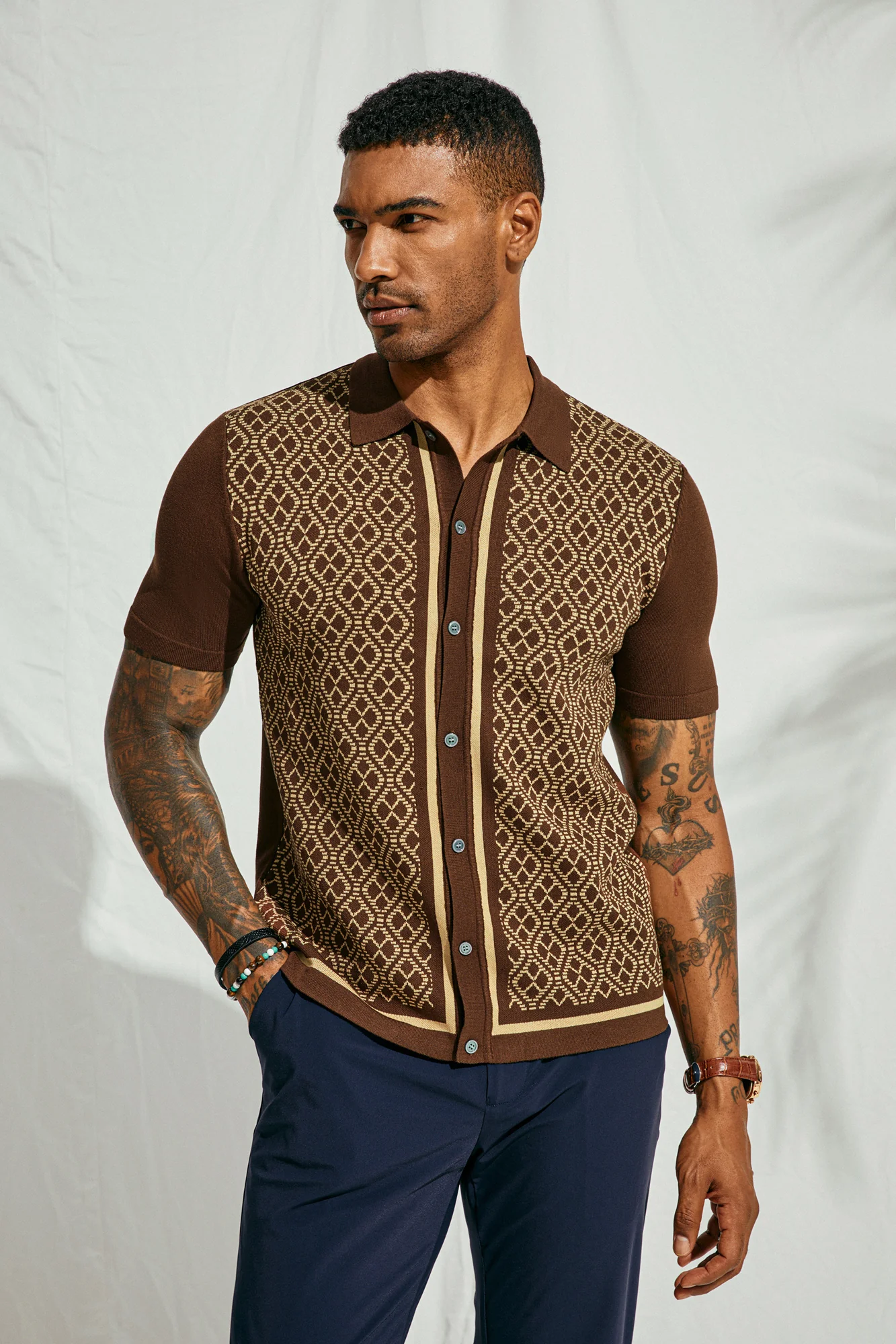 Men's Polo Shirts 70s Vintage Shirts Contrast Knitted Polo Cardigan Shirts - Image 10