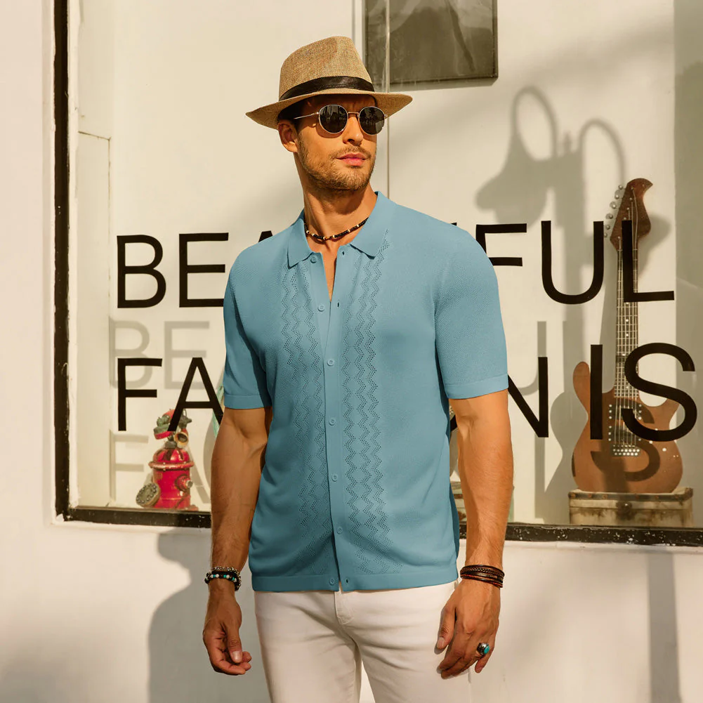 Men's Polo Shirts Breathable Knit Cardigans Shirts Vintage Knitted Shirt Short Sleeve Hollowed Out Casual Clothing - Image 26