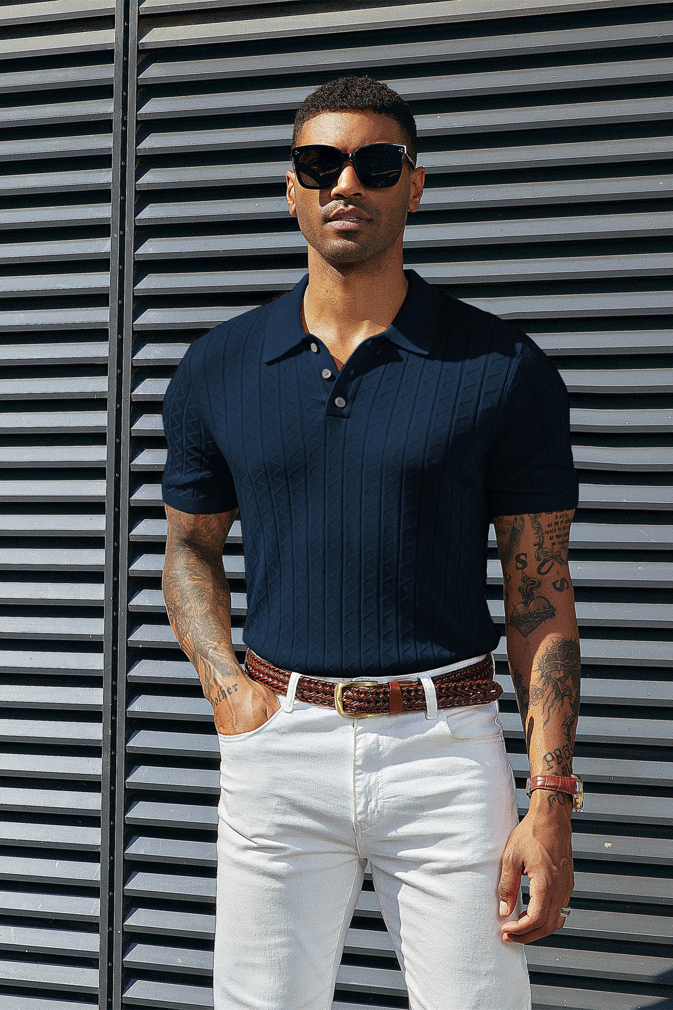 Mens Polo Shirts Short Sleeve Wavy Textured Knit Polo Shirts - Image 10