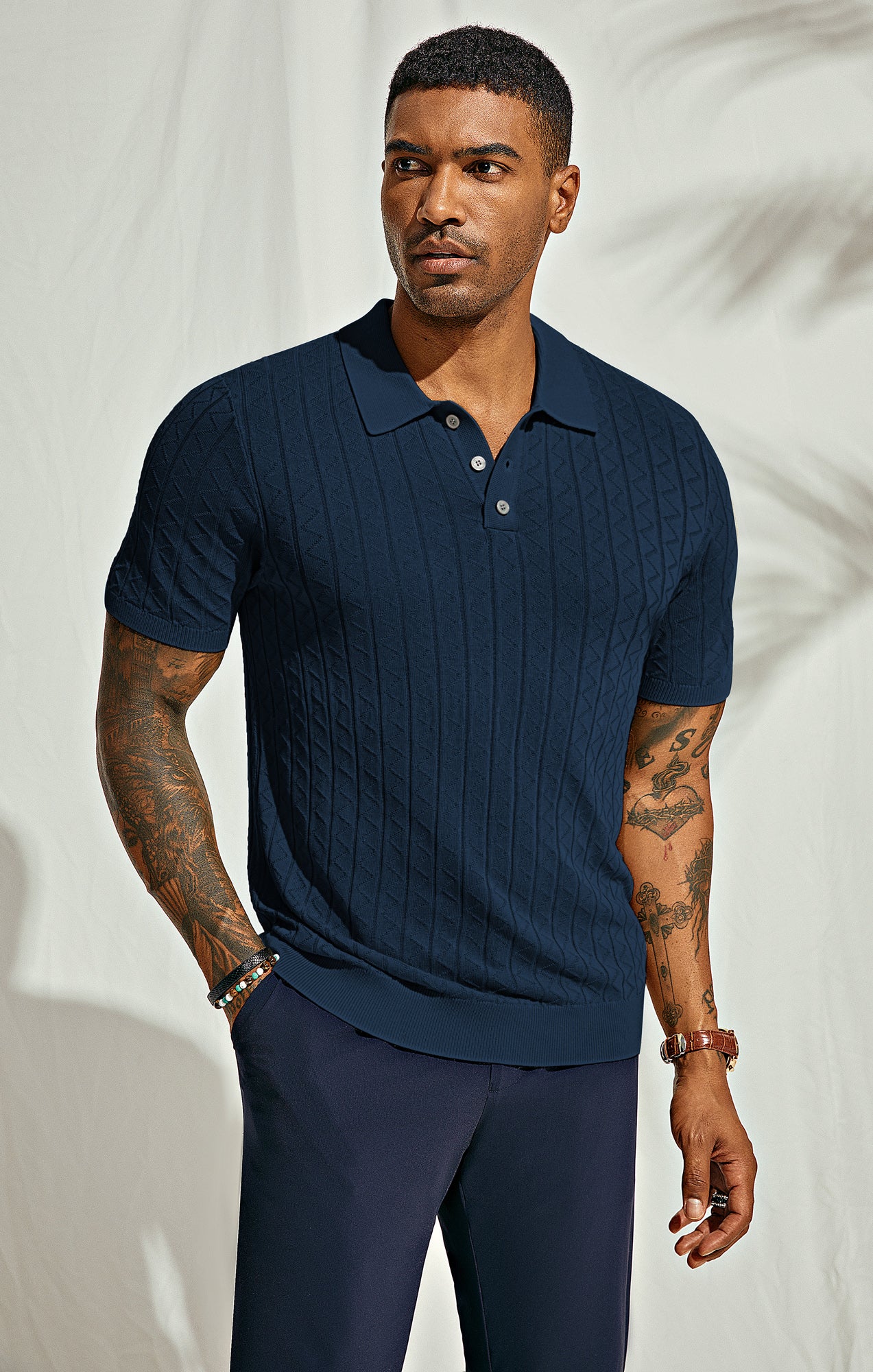 Mens Polo Shirts Short Sleeve Wavy Textured Knit Polo Shirts - Image 12