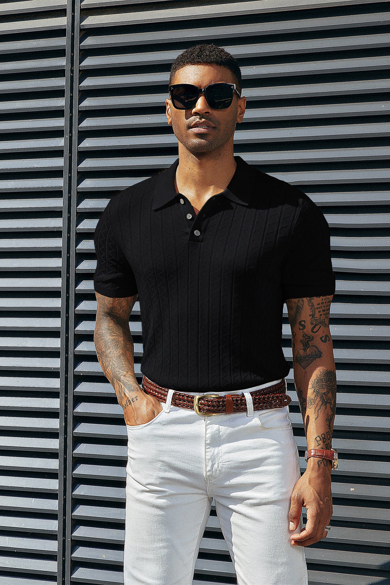 Mens Polo Shirts Short Sleeve Wavy Textured Knit Polo Shirts - Image 5