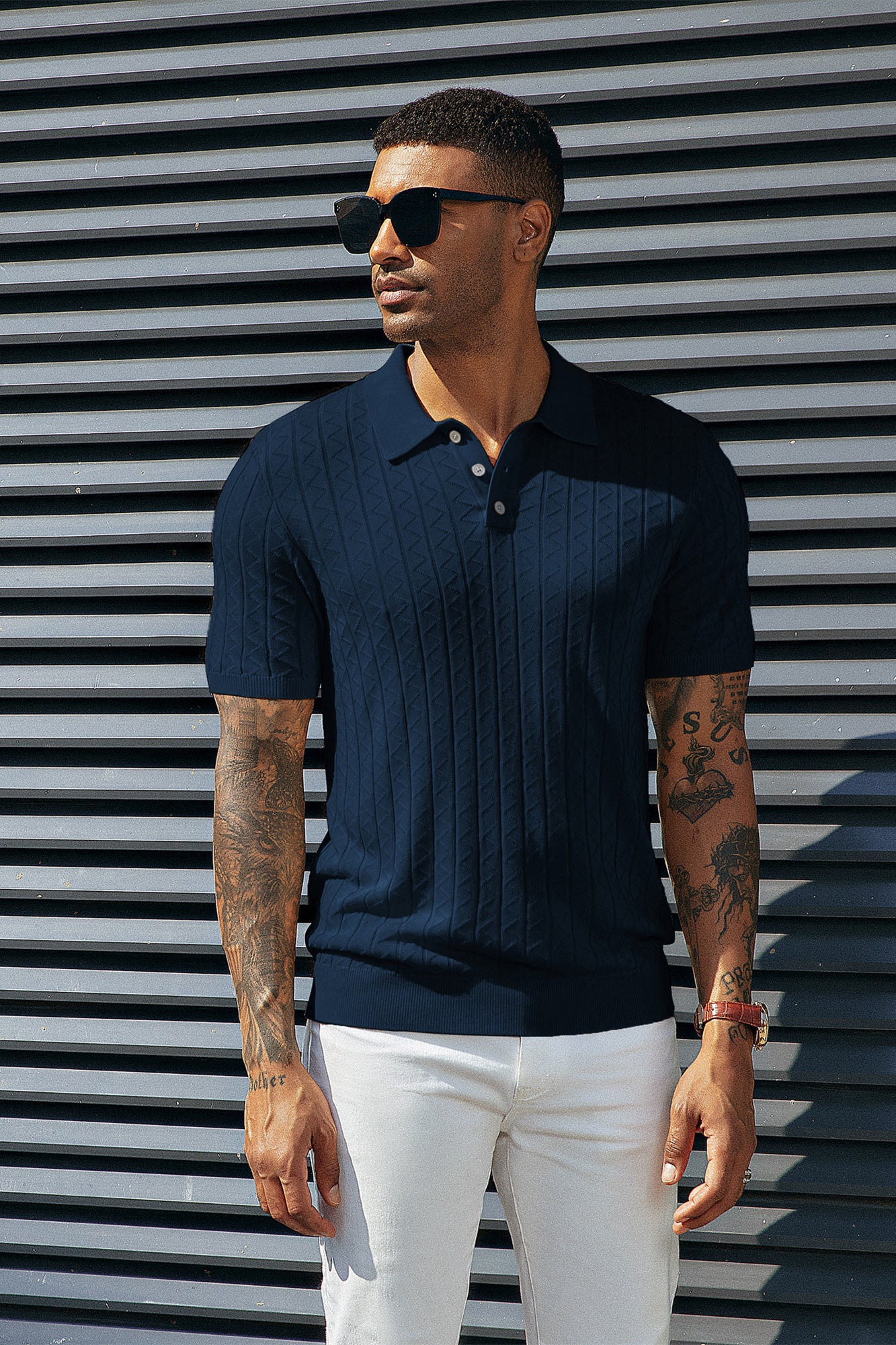 Mens Polo Shirts Short Sleeve Wavy Textured Knit Polo Shirts - Image 7