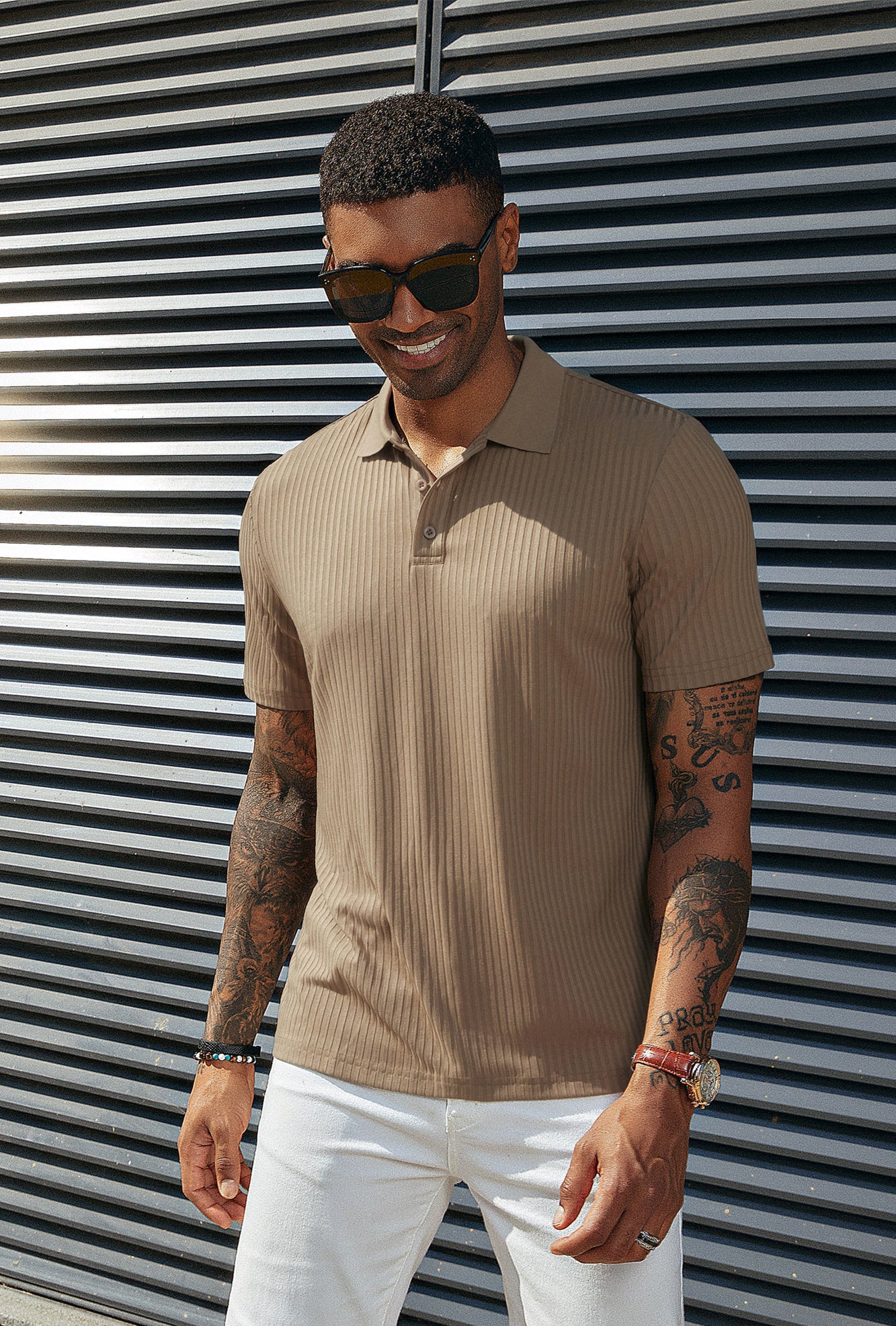 Mens Polo Shirts Textured Knit Short Sleeve Stretchy Golf Shirts - Image 15
