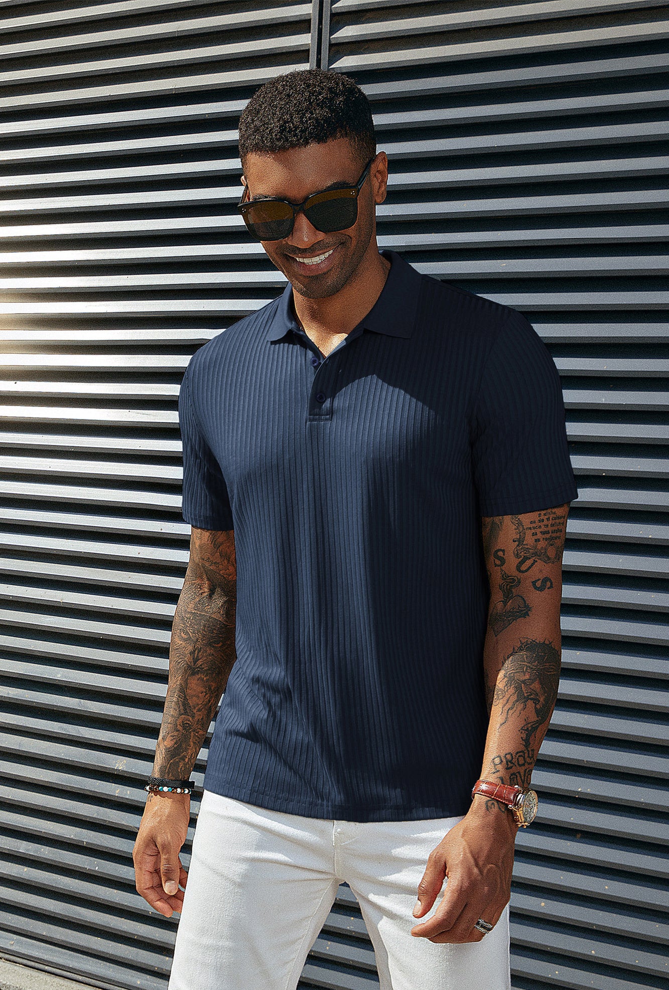 Mens Polo Shirts Textured Knit Short Sleeve Stretchy Golf Shirts - Image 2