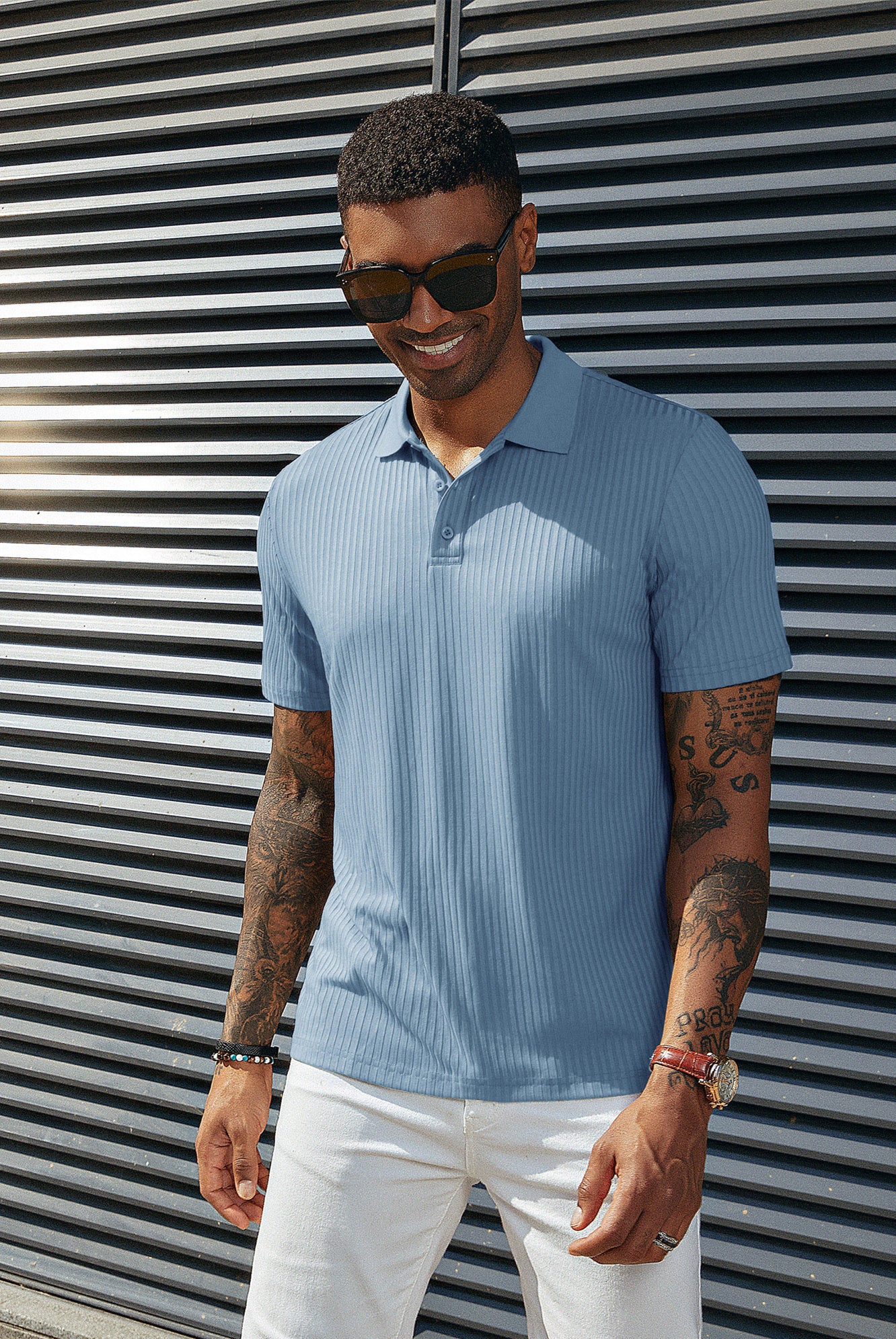 Mens Polo Shirts Textured Knit Short Sleeve Stretchy Golf Shirts - Image 35