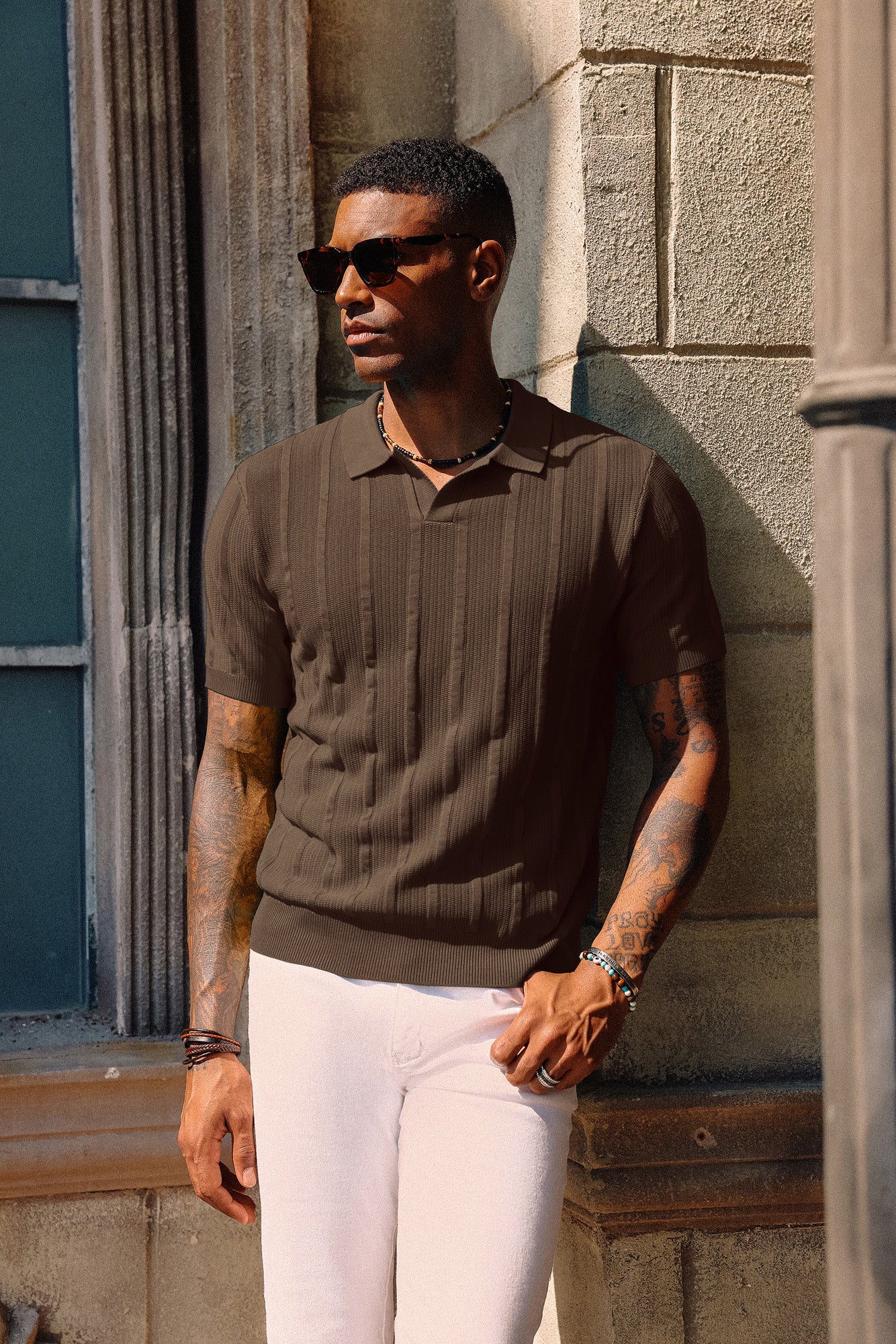 Mens Polo Shirts Textured Knit V-Neck Golf Polo Shirts - Image 54