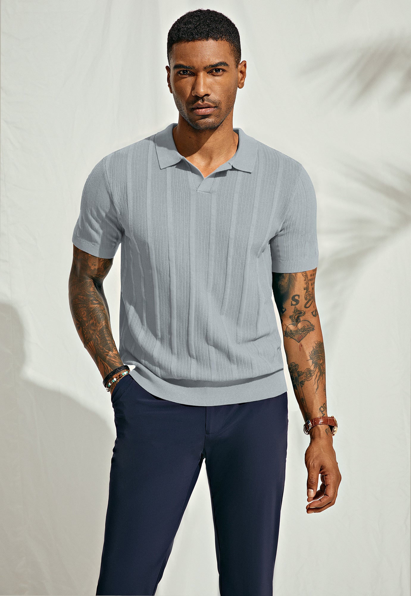 Mens Polo Shirts Textured Knit V-Neck Golf Polo Shirts - Image 77