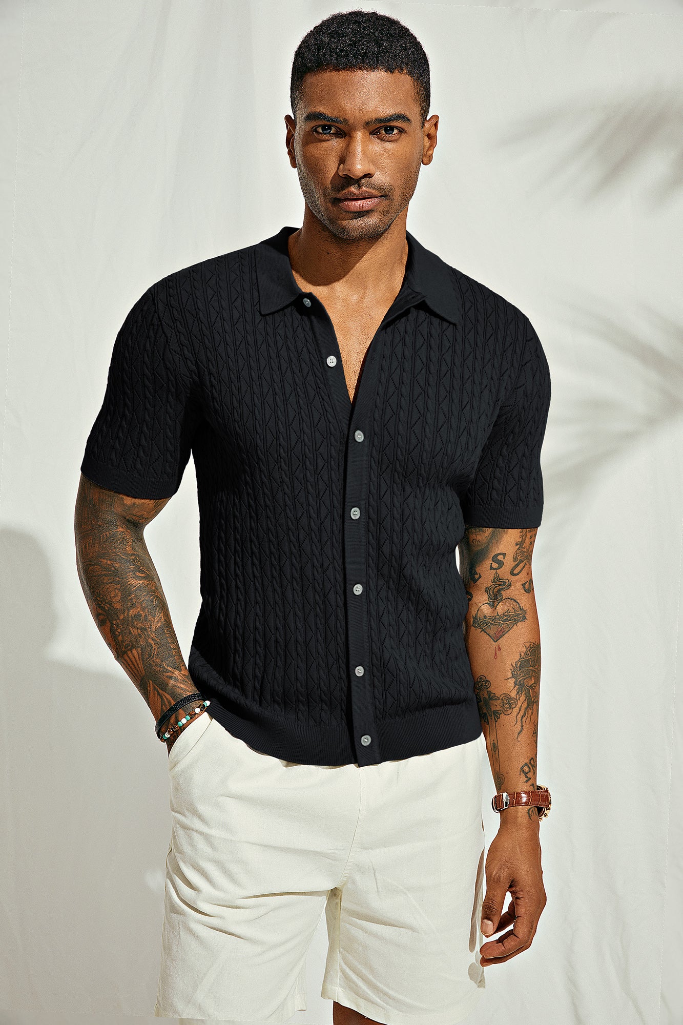 Men's Polo Short Cardigan Shirt Hollowed-Out Textured Casual Knitted Golf Shirt - Image 6