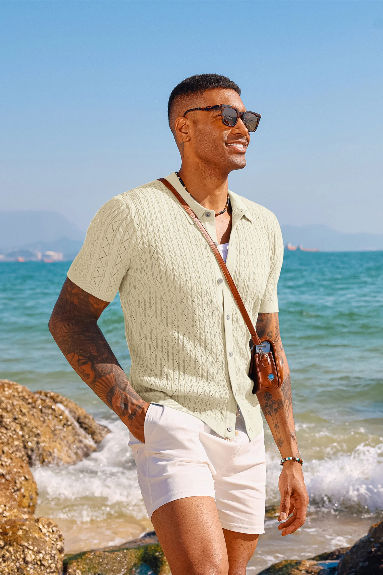 Men's Polo Short Cardigan Shirt Hollowed-Out Textured Casual Knitted Golf Shirt - Image 8