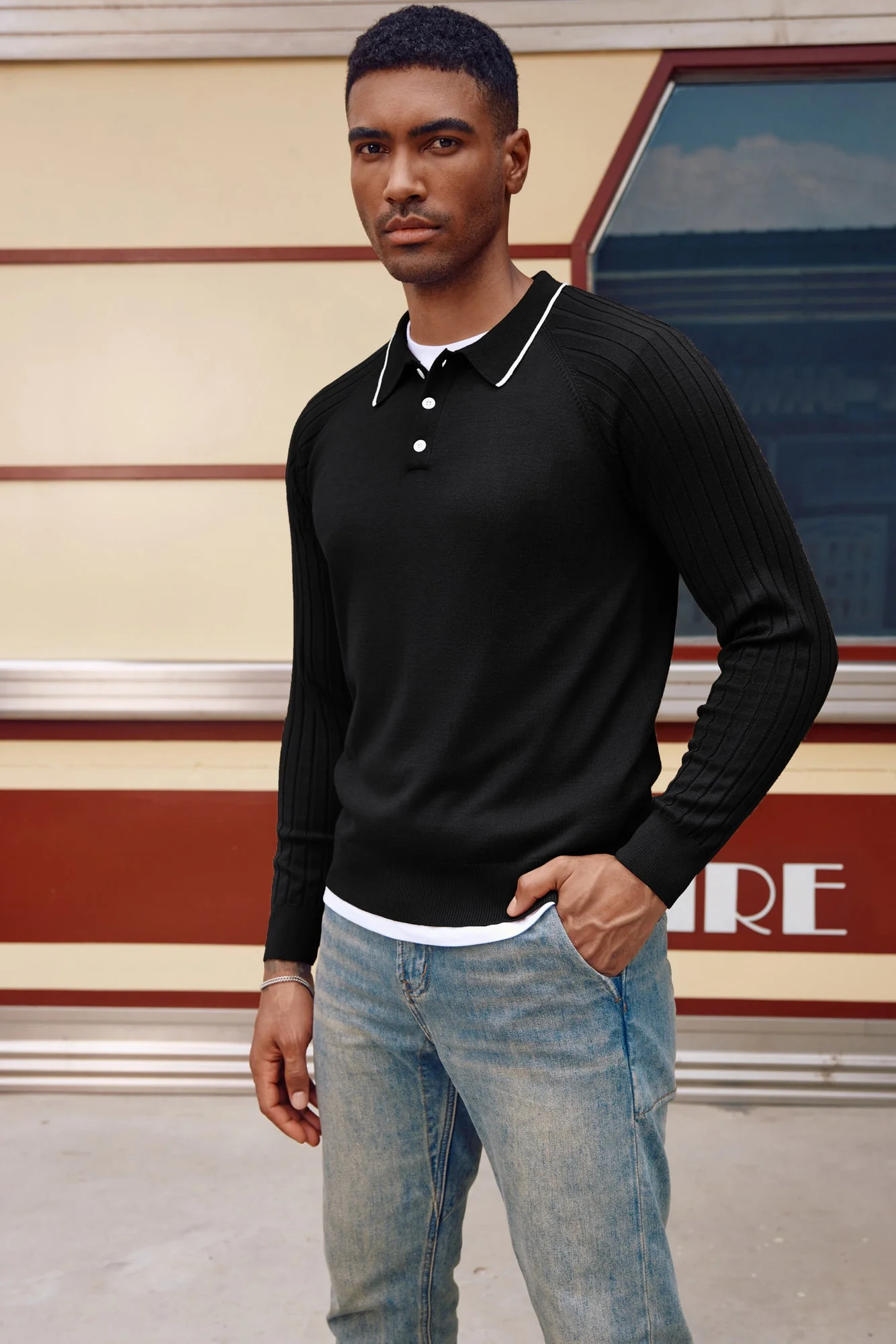 Men's Pullover Sweater Casual Raglan Sleeves Knit Polo Sweaters - Image 7