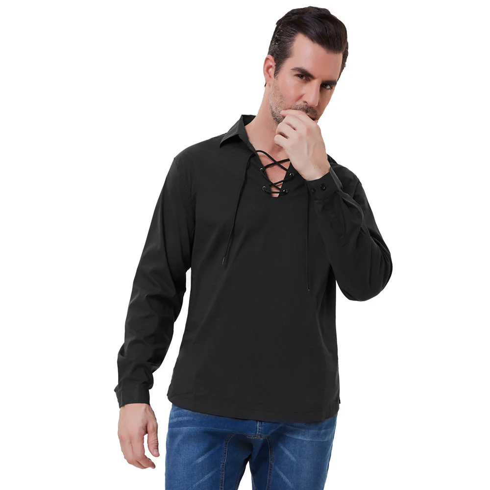 Mens Scottish Jacobite Ghillie Kilt Shirt Lace up Pirate Renaissance Pullover Long SleeveTop - Image 4