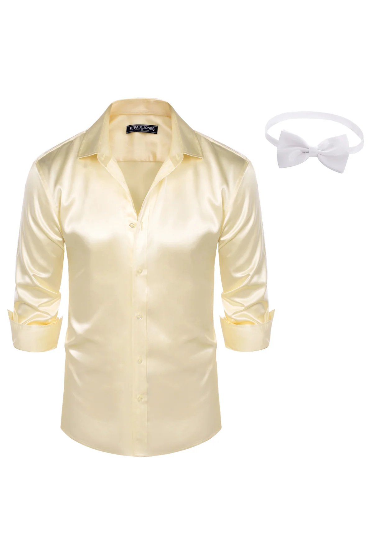 Men's Shiny Satin Dress Shirts Long Sleeve Button Down Silk Cardigans Shirt with Bow Ties - Image 12