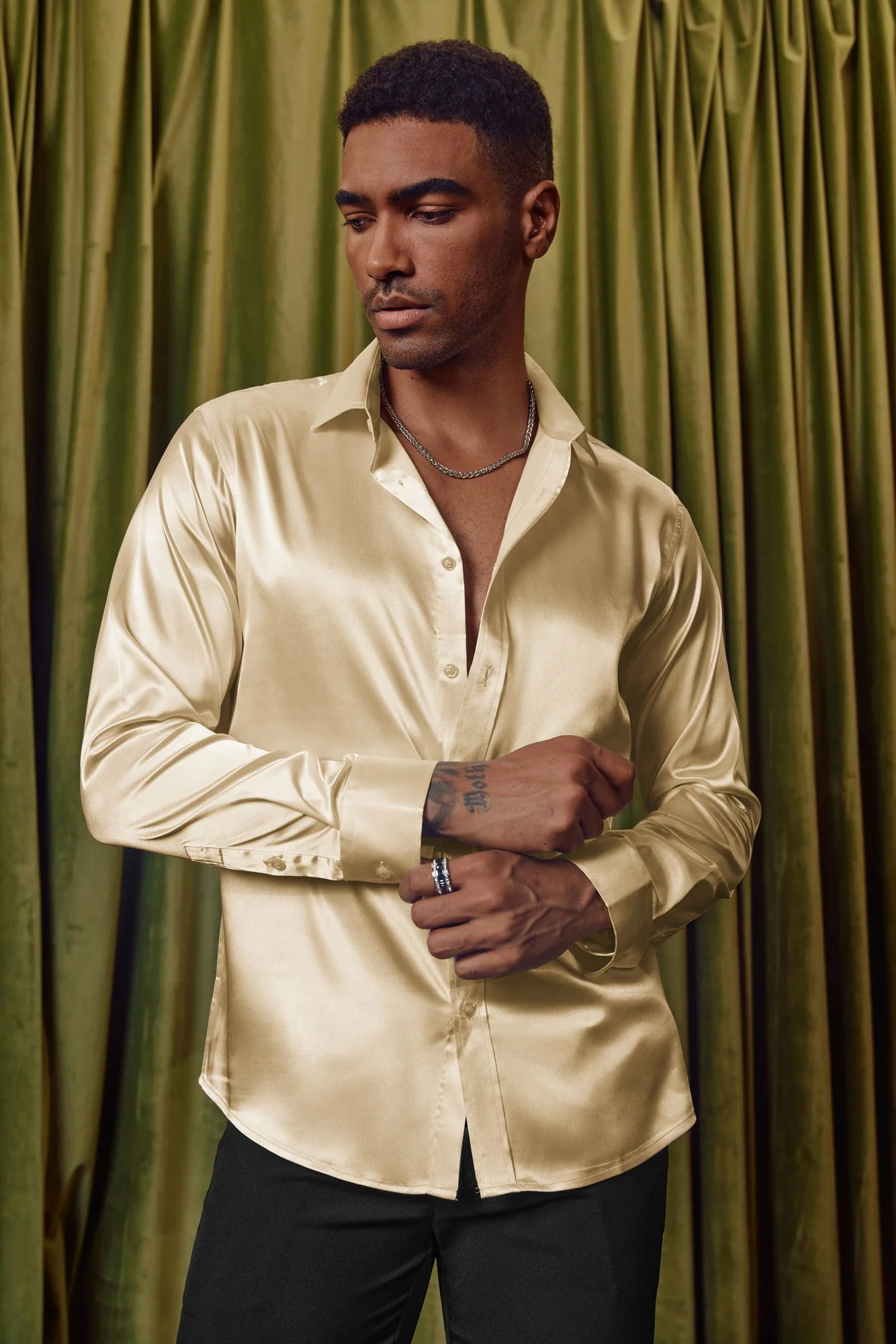 Men's Shiny Satin Dress Shirts Long Sleeve Button Down Silk Cardigans Shirt with Bow Ties - Image 24