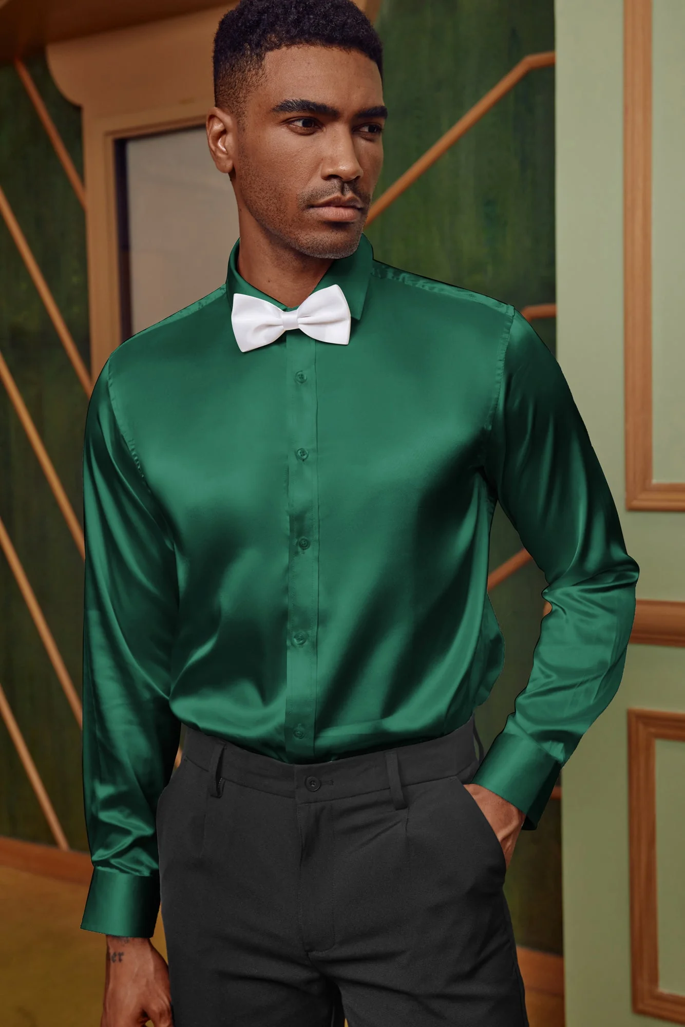 Men's Shiny Satin Dress Shirts Long Sleeve Button Down Silk Cardigans Shirt with Bow Ties - Image 34