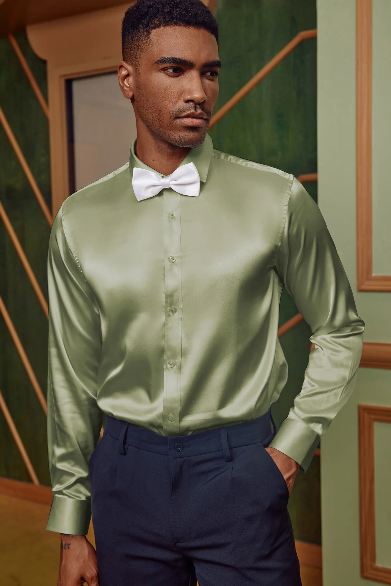 Men's Shiny Satin Dress Shirts Long Sleeve Button Down Silk Cardigans Shirt with Bow Ties - Image 58