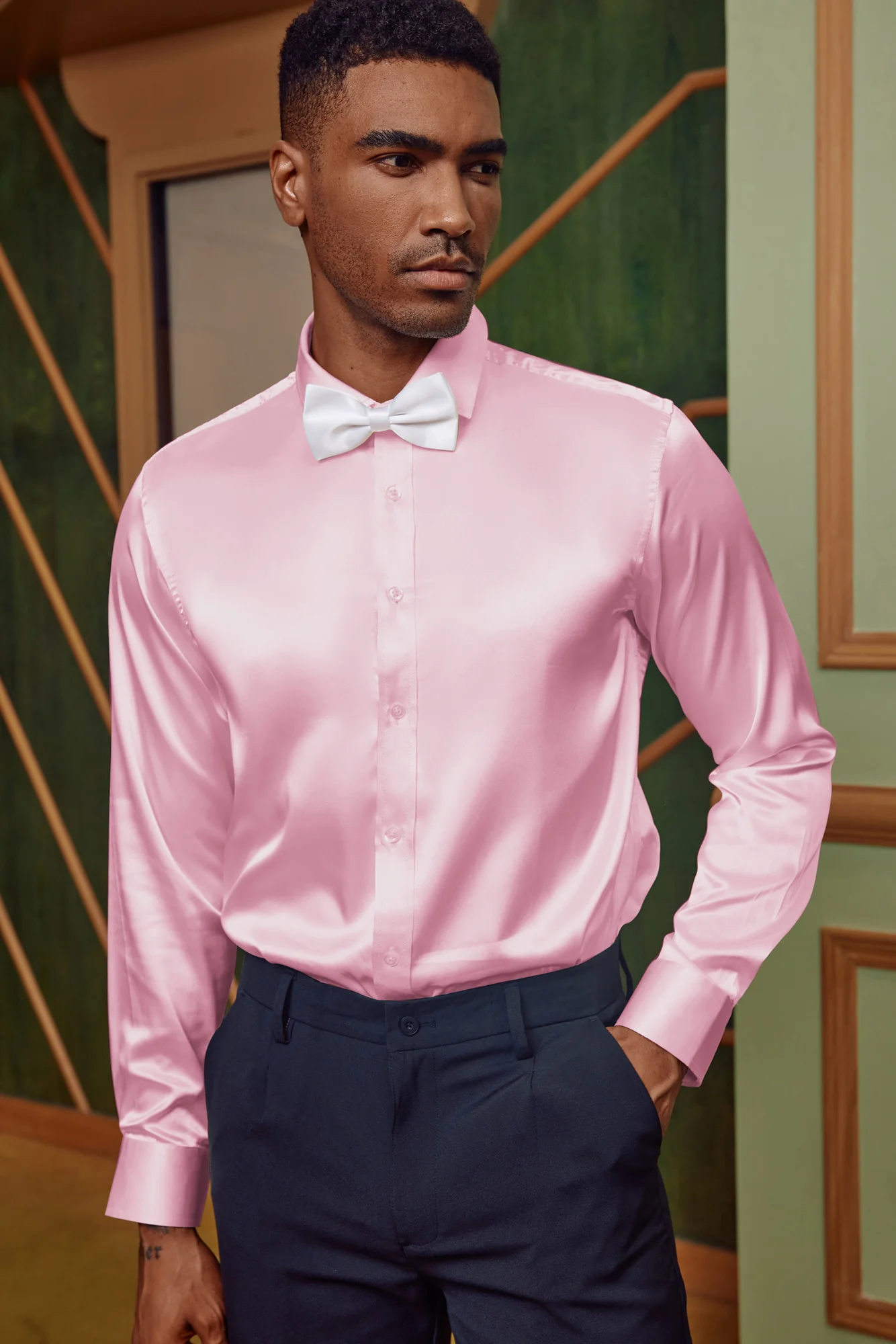 Men's Shiny Satin Dress Shirts Long Sleeve Button Down Silk Cardigans Shirt with Bow Ties - Image 64
