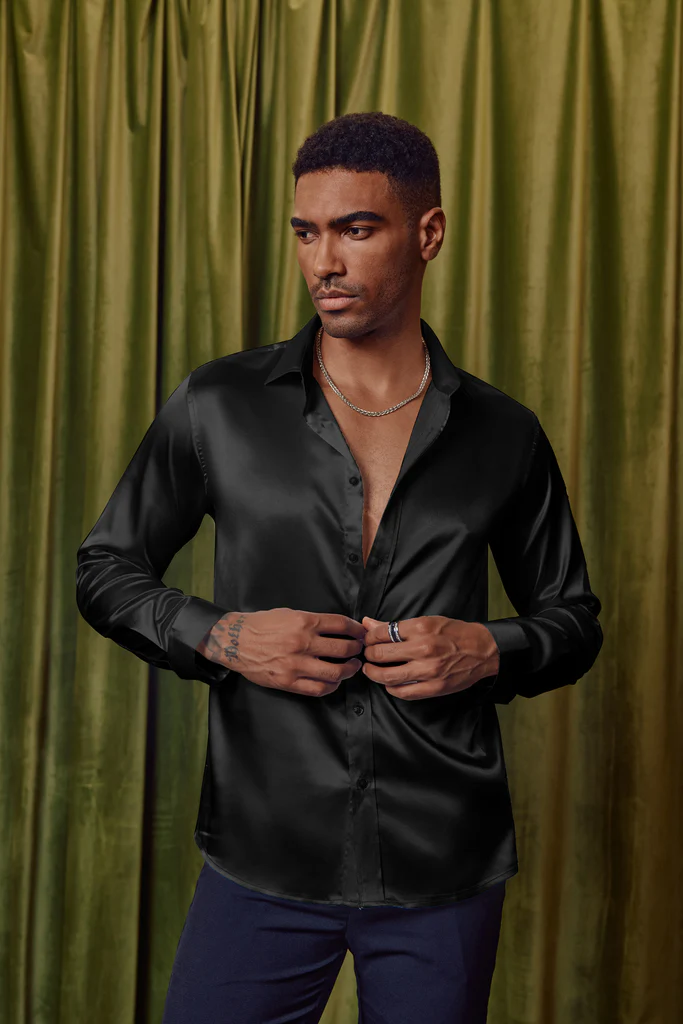 Men's Shiny Satin Dress Shirts Long Sleeve Button Down Silk Cardigans Shirt with Bow Ties - Image 7