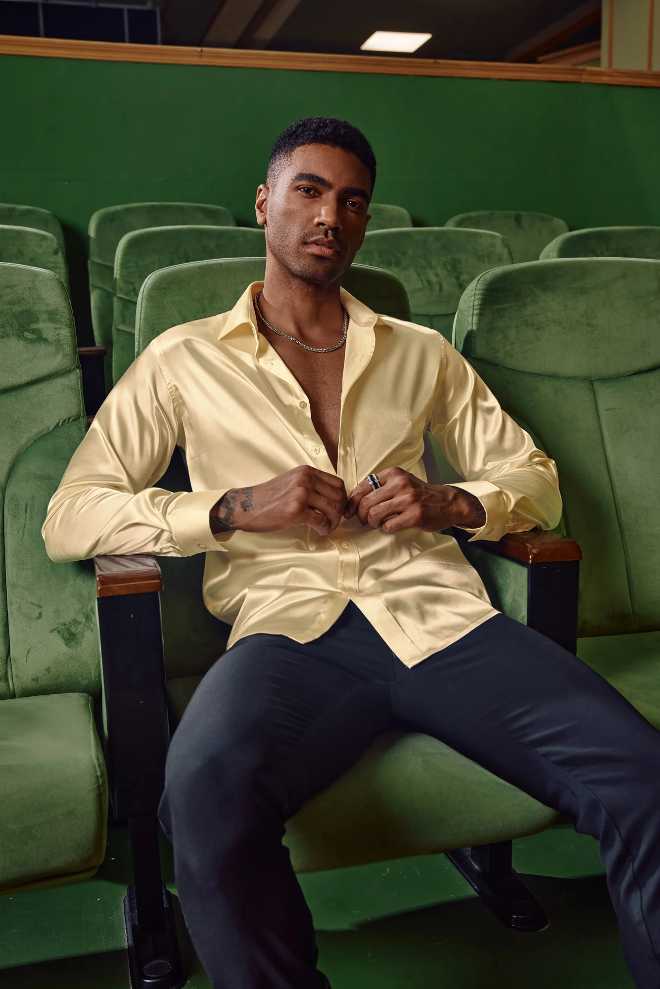 Men's Shiny Satin Dress Shirts Long Sleeve Button Down Silk Cardigans Shirt with Bow Ties - Image 80
