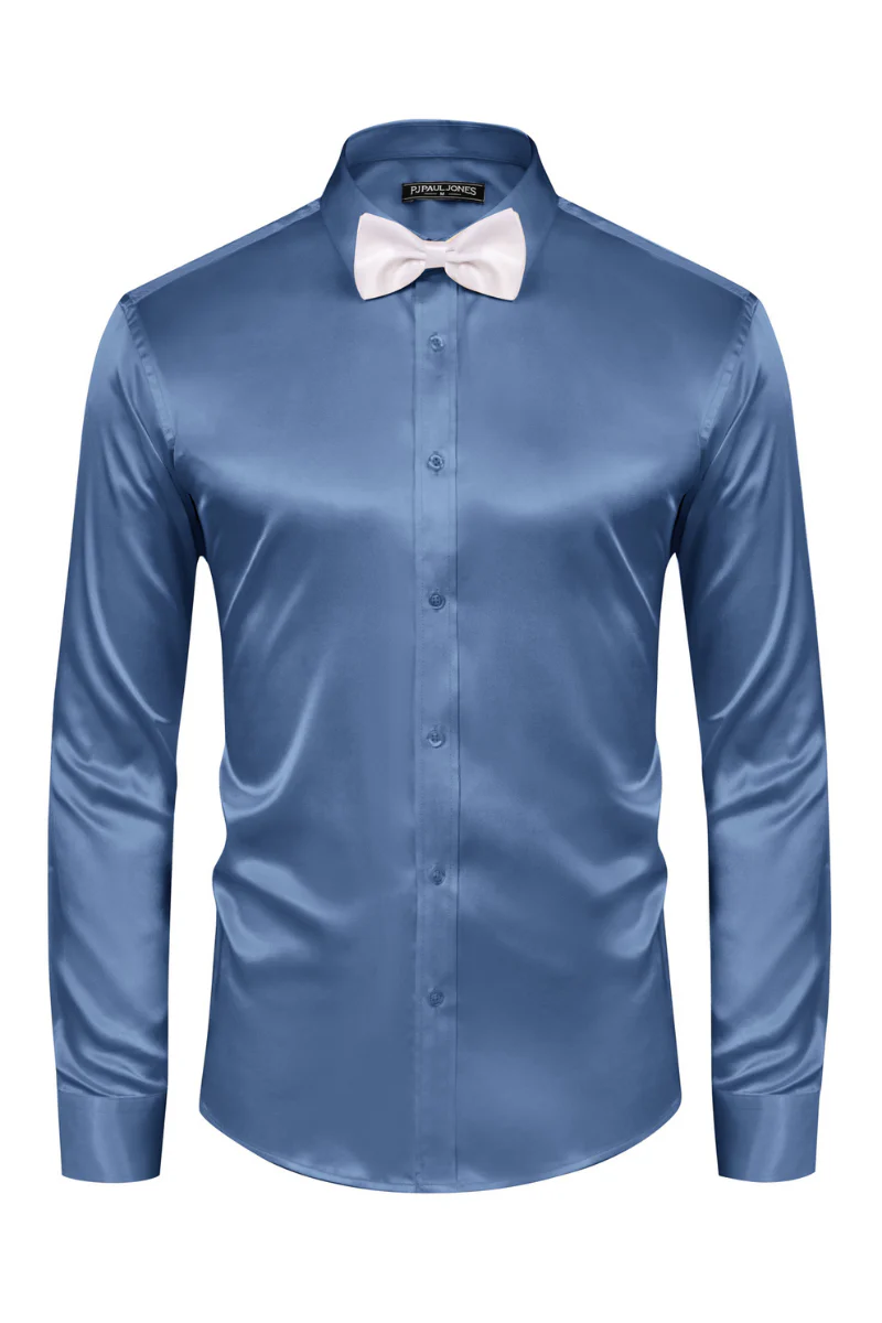 Men's Shiny Satin Dress Shirts Long Sleeve Button Down Silk Cardigans Shirt with Bow Ties - Image 83