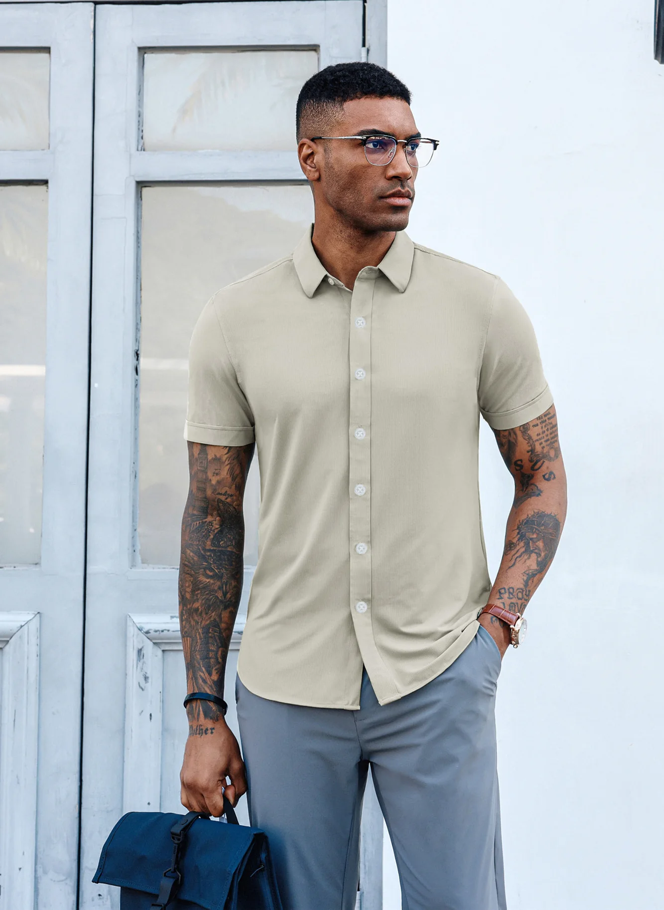 Mens Short Sleeve Casual Button Down Shirts 4-Way Stretch Travel Dress Shirt - Image 17