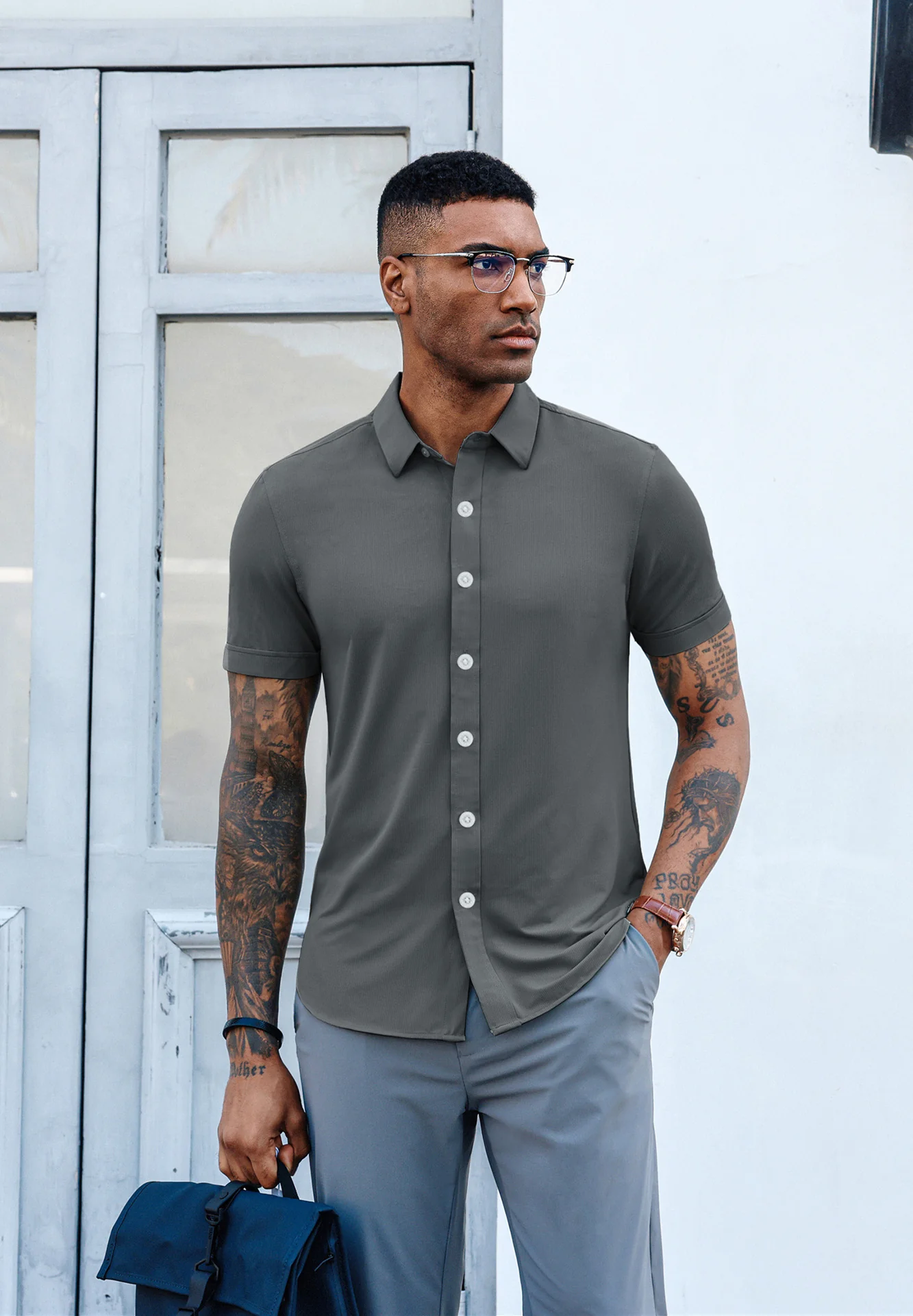 Mens Short Sleeve Casual Button Down Shirts 4-Way Stretch Travel Dress Shirt - Image 24