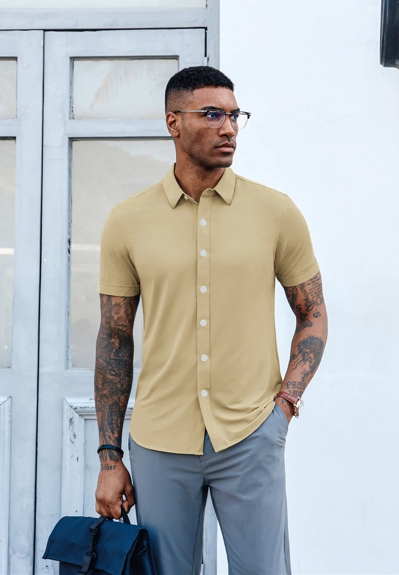 Mens Short Sleeve Casual Button Down Shirts 4-Way Stretch Travel Dress Shirt - Image 35