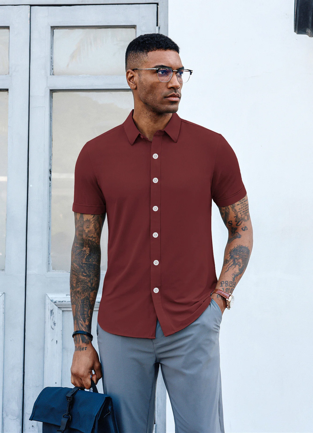Mens Short Sleeve Casual Button Down Shirts 4-Way Stretch Travel Dress Shirt - Image 53