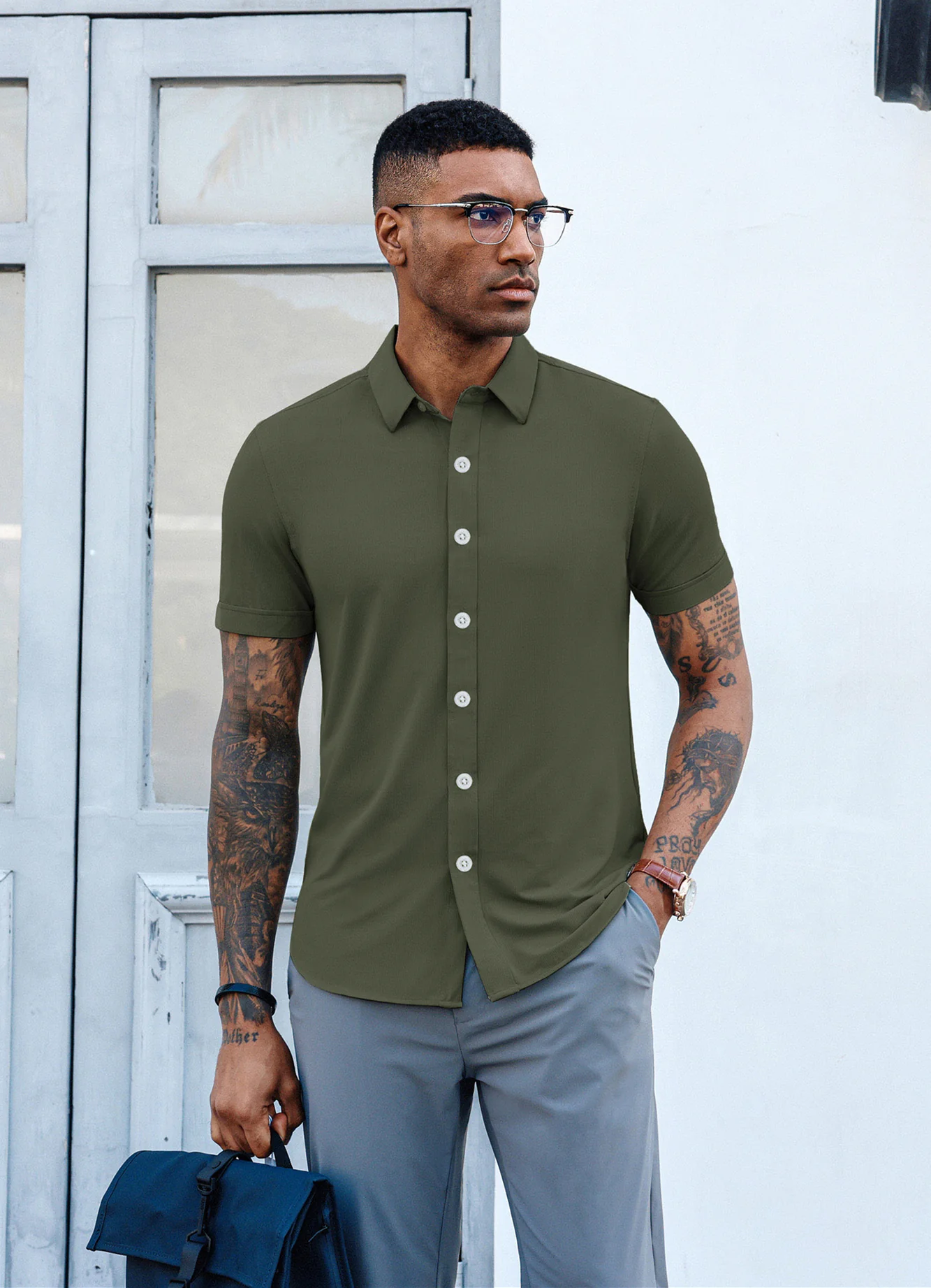 Mens Short Sleeve Casual Button Down Shirts 4-Way Stretch Travel Dress Shirt - Image 63