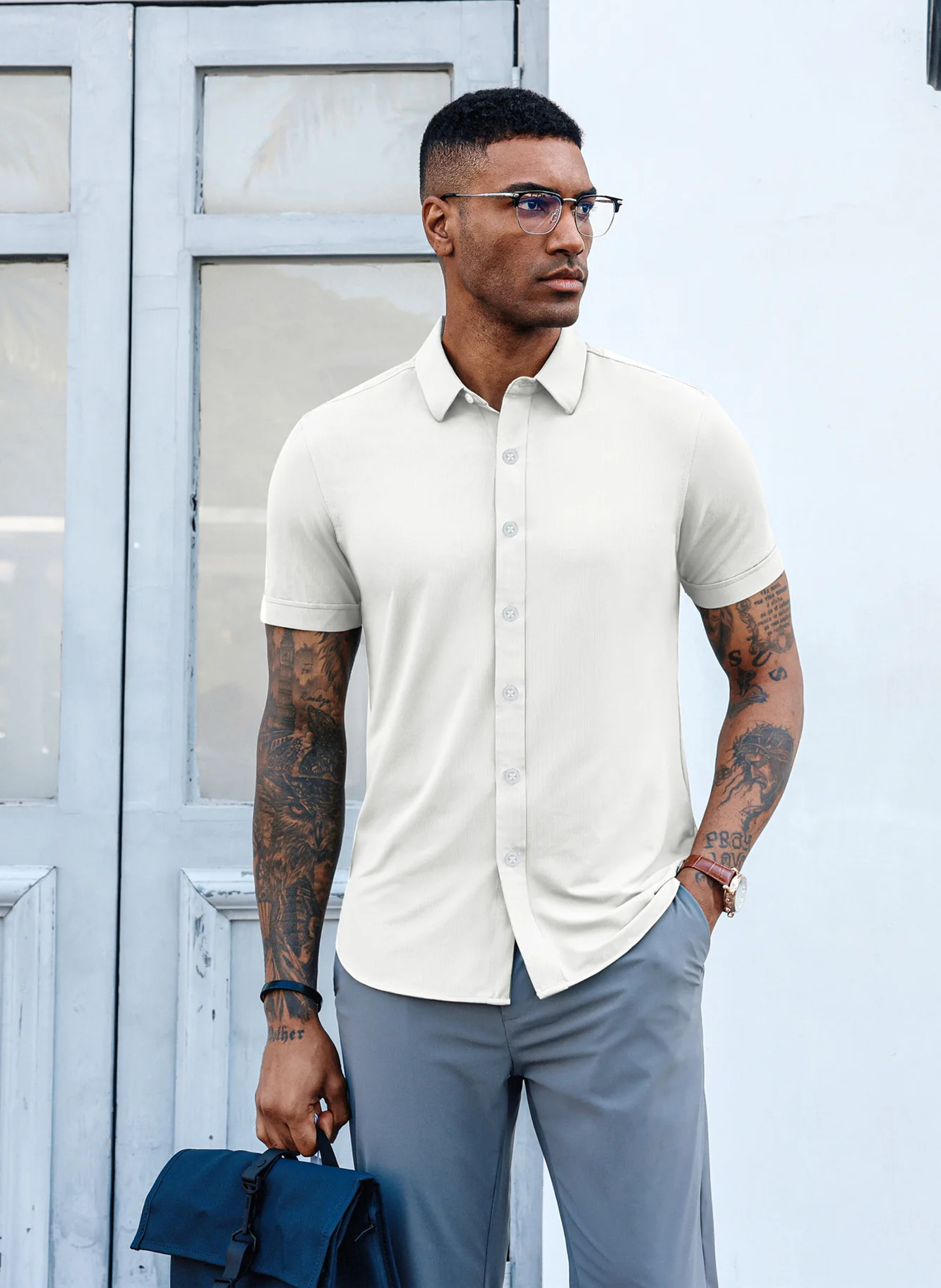 Mens Short Sleeve Casual Button Down Shirts 4-Way Stretch Travel Dress Shirt - Image 8