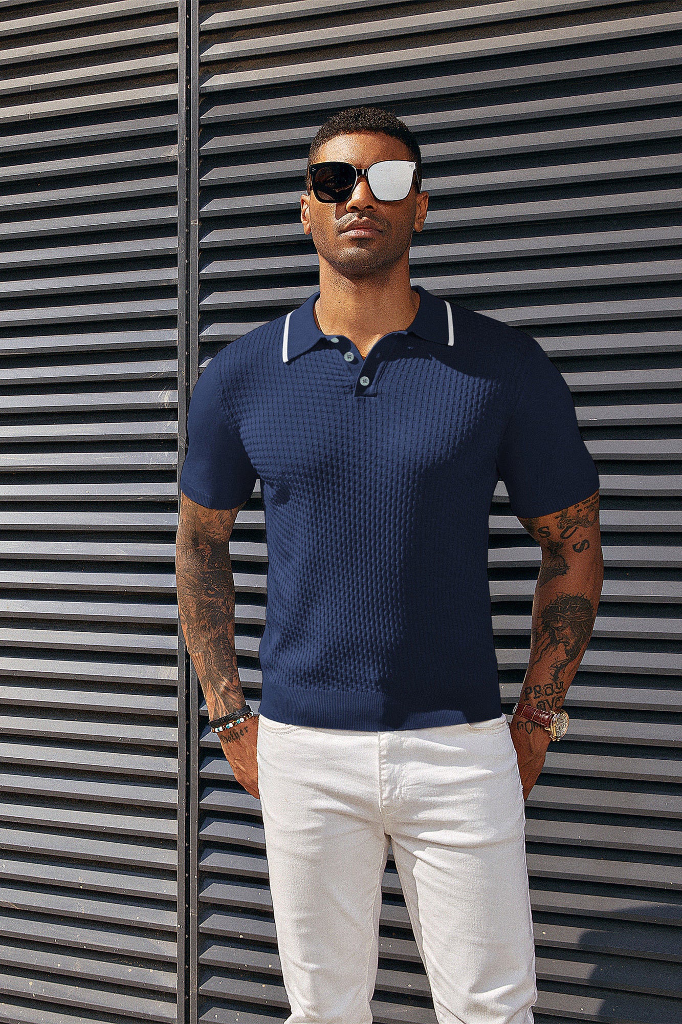 Men's Short Sleeve Knit Polo Shirts Waffle Texture Knit Shirt - Image 15