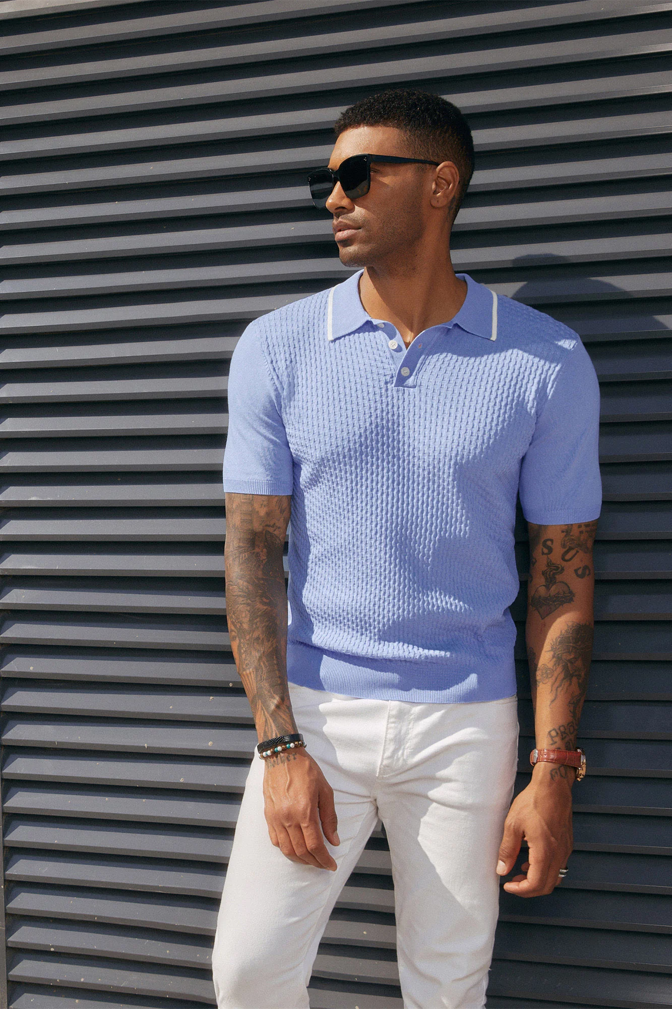 Men's Short Sleeve Knit Polo Shirts Waffle Texture Knit Shirt - Image 21