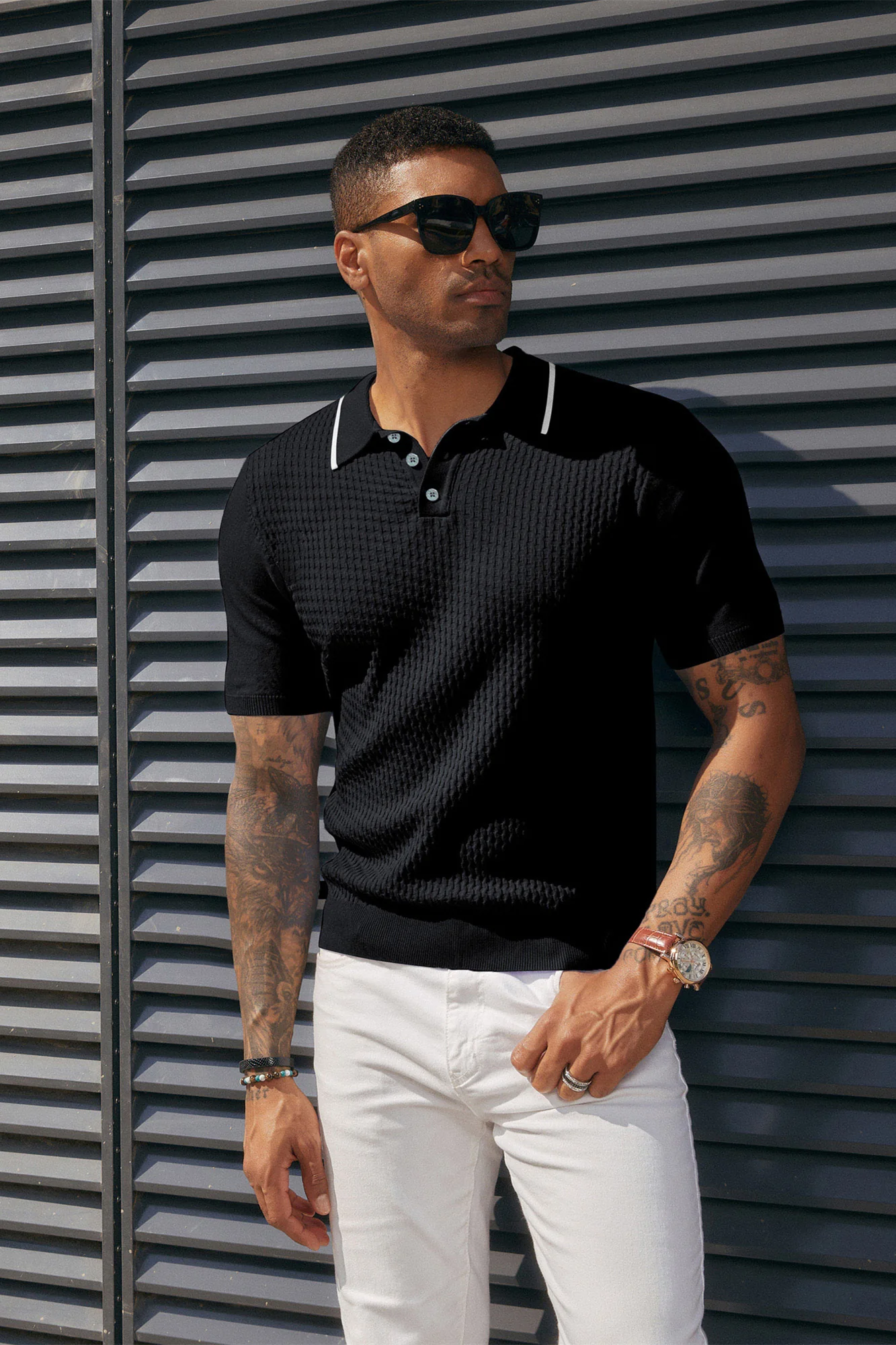 Men's Short Sleeve Knit Polo Shirts Waffle Texture Knit Shirt - Image 4