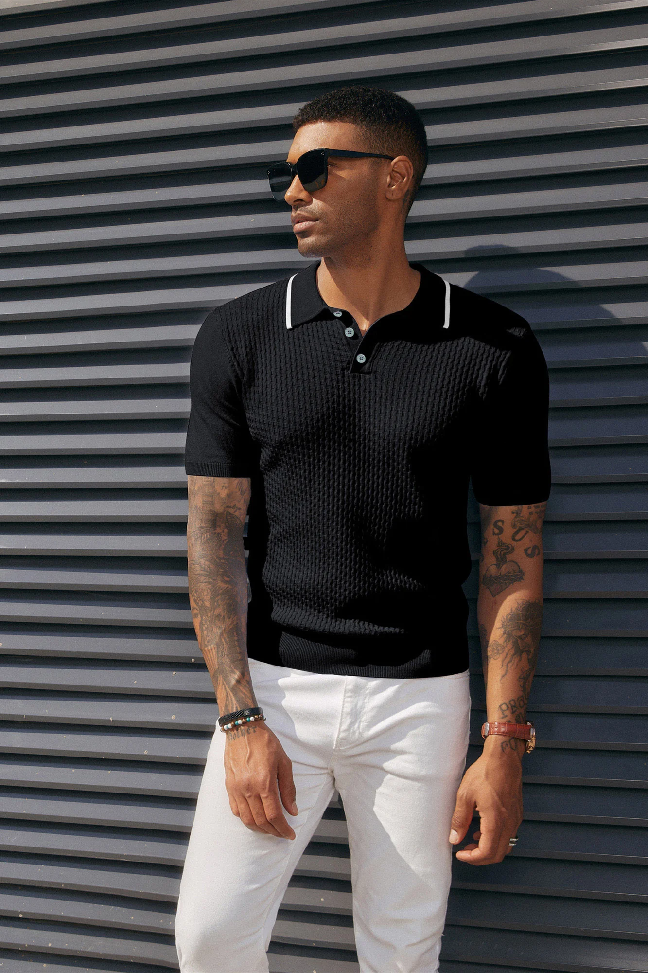 Men's Short Sleeve Knit Polo Shirts Waffle Texture Knit Shirt - Image 5